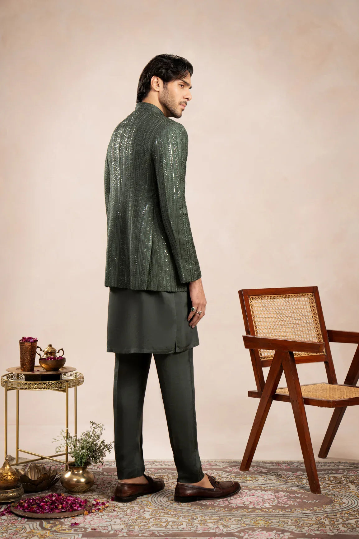 Olive Green Kurta Trouser with Falling Embroidered Prince Coat - 3PC - Men - Muraqsh -- Wedding Wear