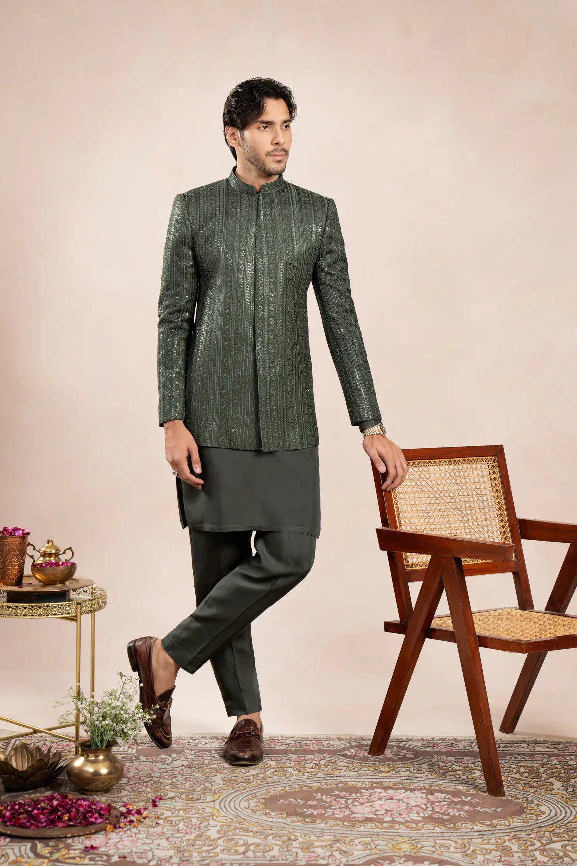Olive Green Falling Embroidered Prince Coat - Men - Muraqsh -- Wedding Wear