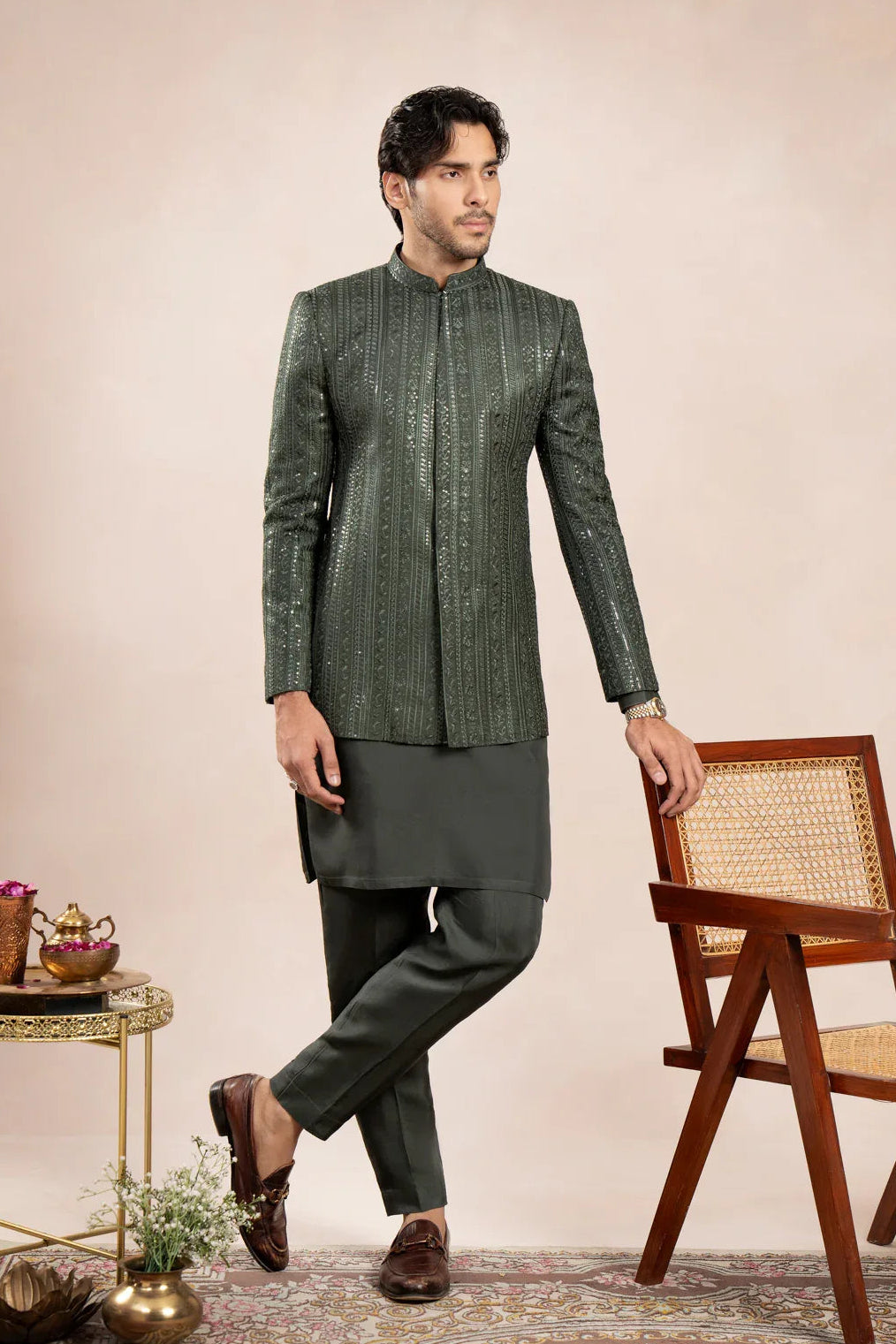 Muraqsh Ready To Wear Embroidered Cotton Men Pink Kurta Trouser with Falling Prince Coat ABD-PKTWF - Summer Collection