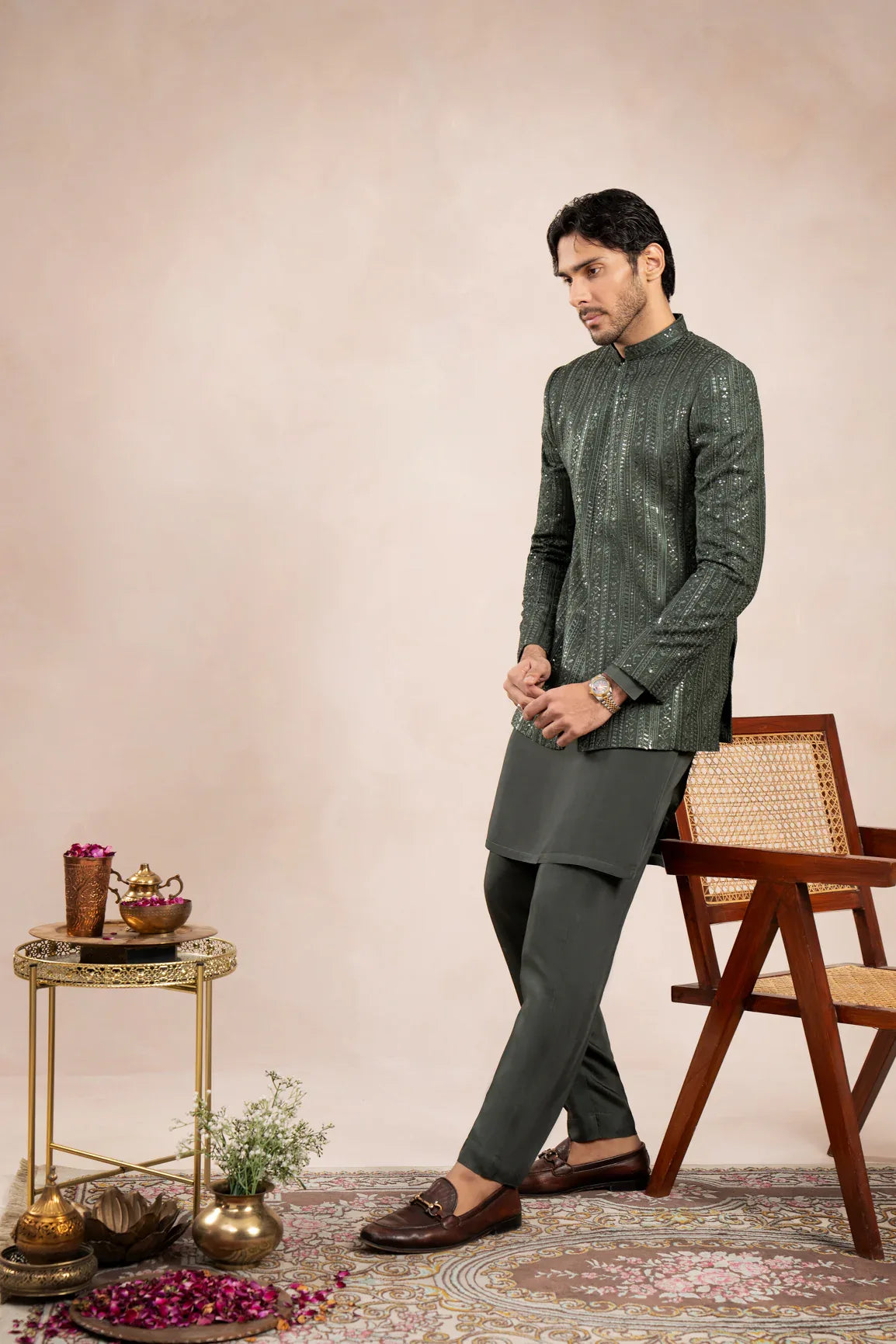 Olive Green Kurta Trouser with Falling Embroidered Prince Coat - 3PC - Men - Muraqsh -- Wedding Wear