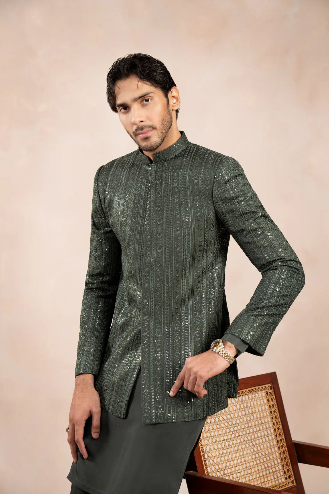 Olive Green Falling Embroidered Prince Coat - Men - Muraqsh -- Wedding Wear