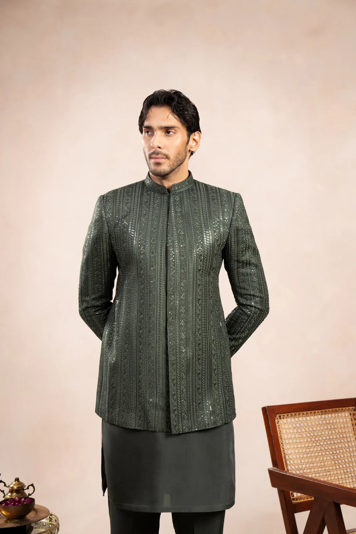 Olive Green Falling Embroidered Prince Coat - Men - Muraqsh -- Wedding Wear