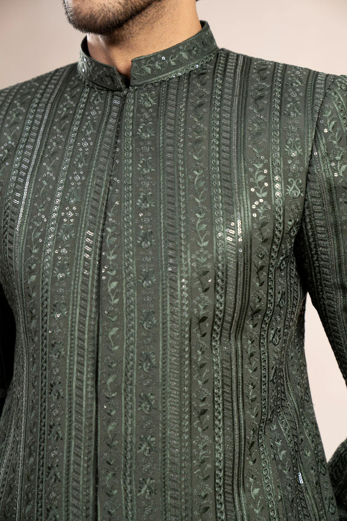 Olive Green Kurta Trouser with Falling Embroidered Prince Coat - 3PC - Men - Muraqsh -- Wedding Wear