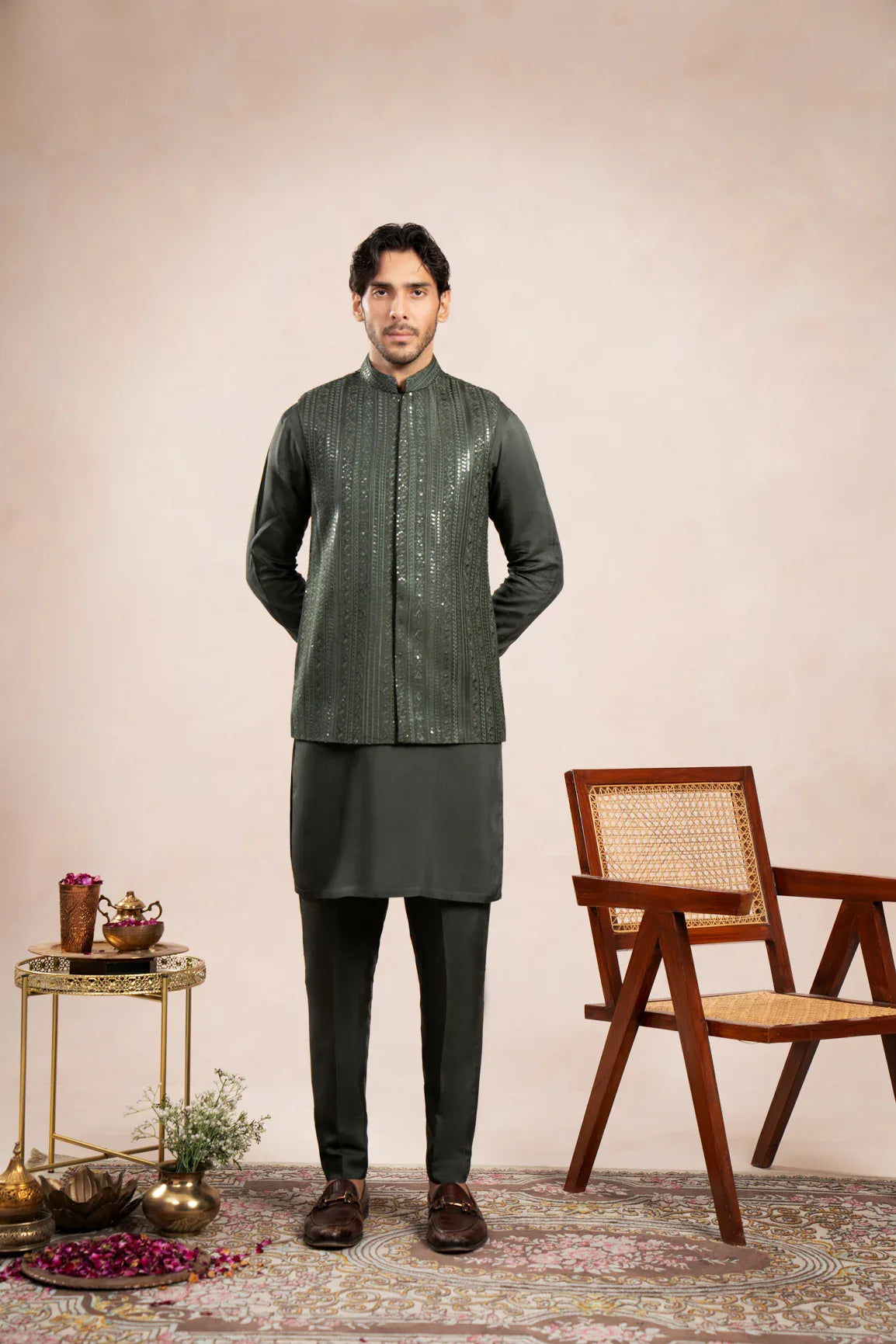Olive Green Kurta Trouser with Falling Embroidered Waistcoat - 3PC - Men - Muraqsh -- Wedding Wear