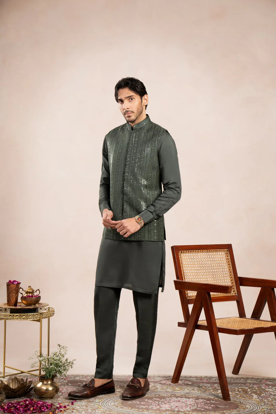 Olive Green Kurta Trouser with Falling Embroidered Waistcoat - 3PC - Men - Muraqsh -- Wedding Wear