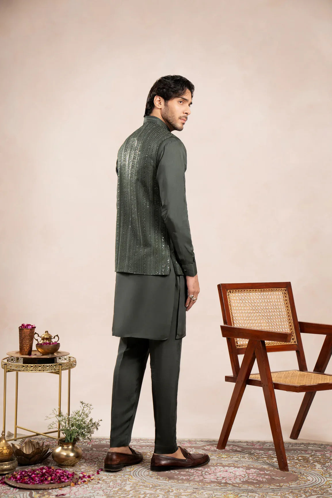 Olive Green Kurta Trouser with Falling Embroidered Waistcoat - 3PC - Men - Muraqsh -- Wedding Wear