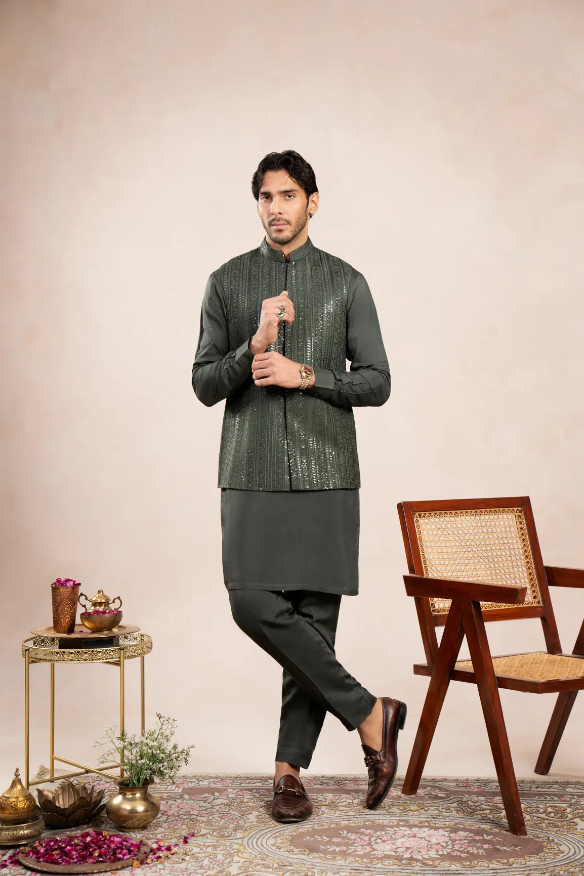 Olive Green Falling Embroidered Waistcoat - Men - Muraqsh -- Wedding Wear