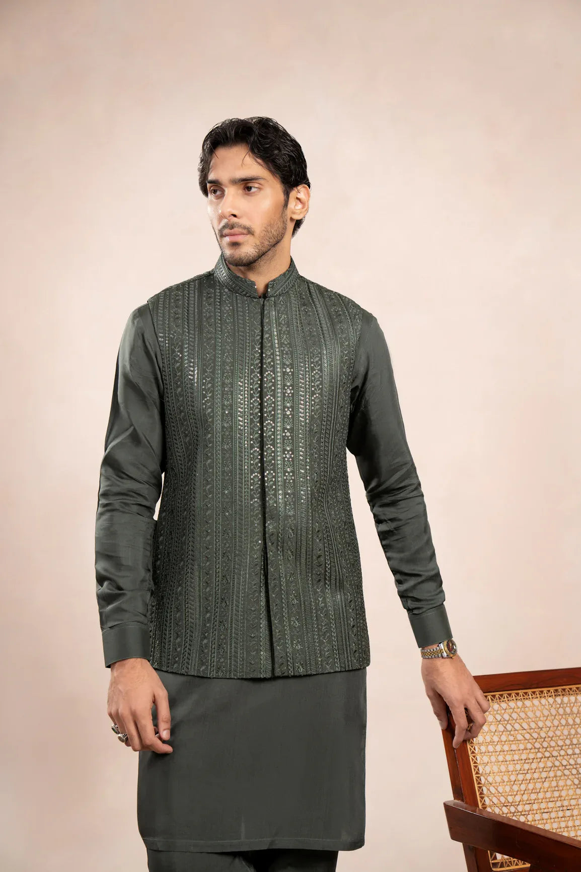 Olive Green Kurta Trouser with Falling Embroidered Waistcoat - 3PC - Men - Muraqsh -- Wedding Wear