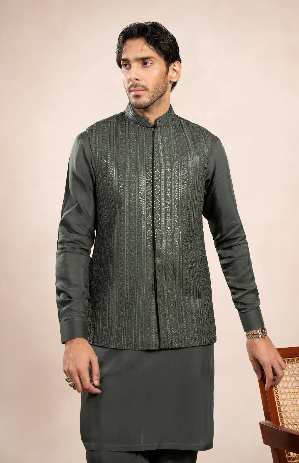 Olive Green Falling Embroidered Waistcoat - Men - Muraqsh -- Wedding Wear