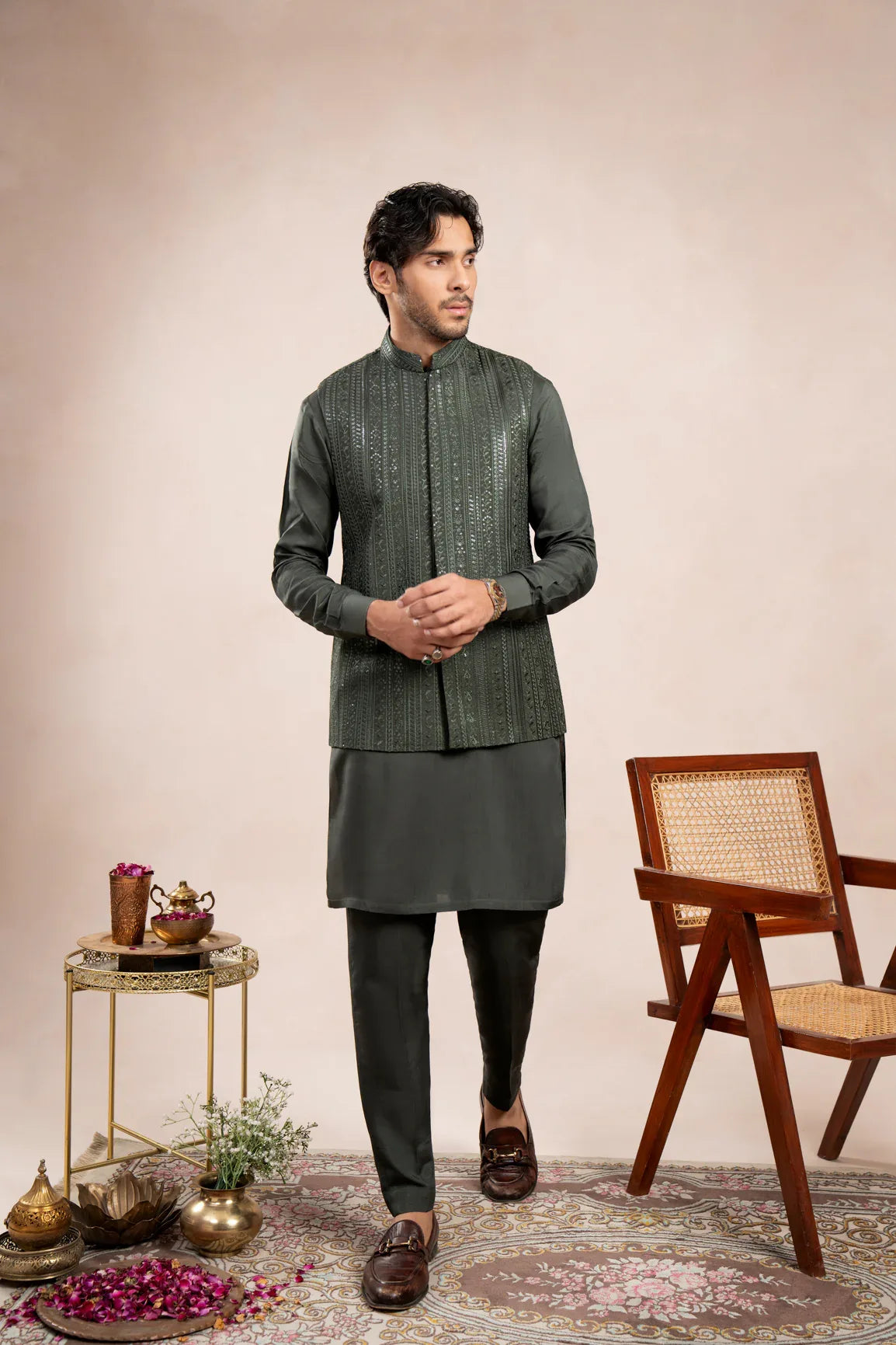 Olive Green Falling Embroidered Waistcoat - Men - Muraqsh -- Wedding Wear