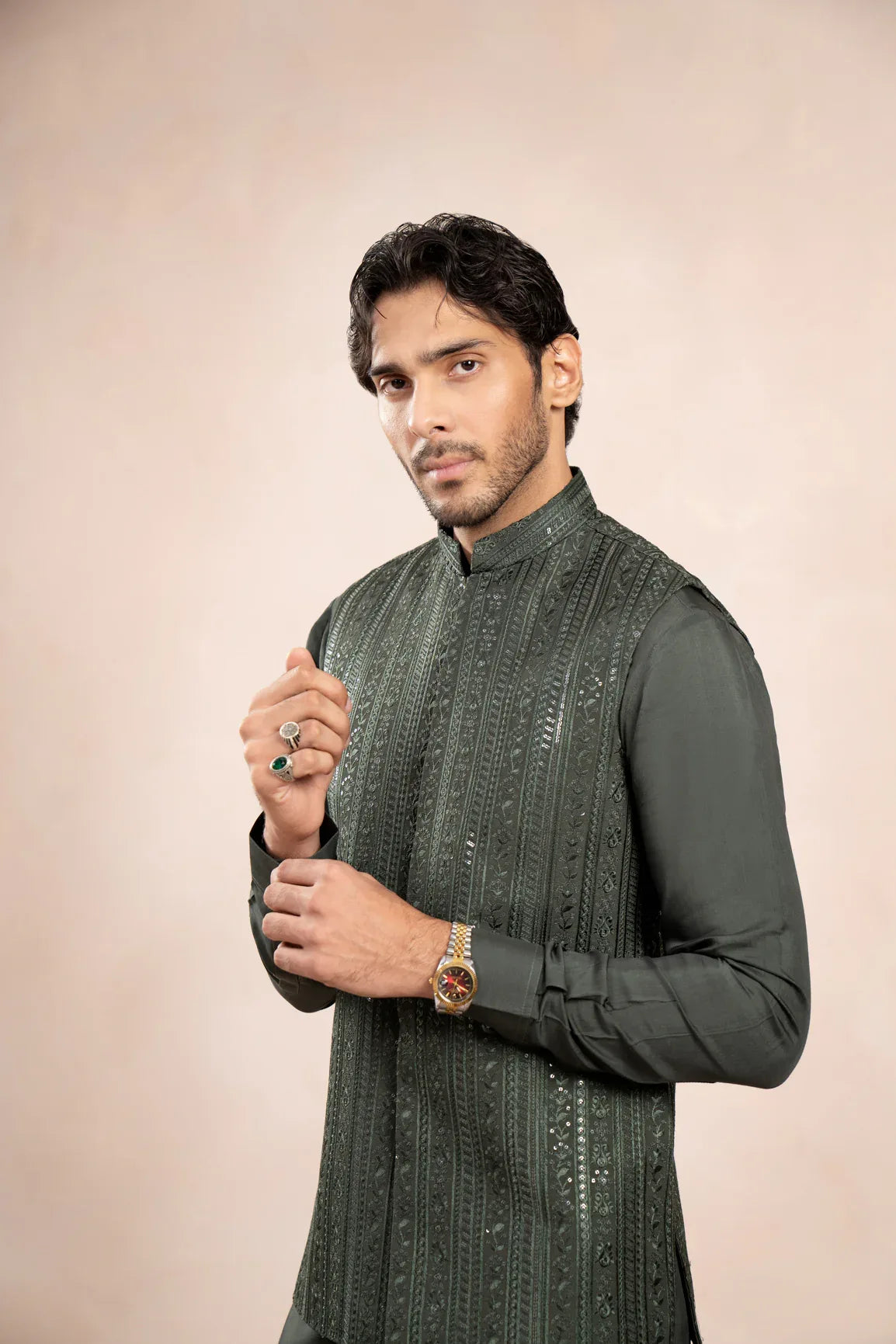 Olive Green Kurta Trouser with Falling Embroidered Waistcoat - 3PC - Men - Muraqsh -- Wedding Wear