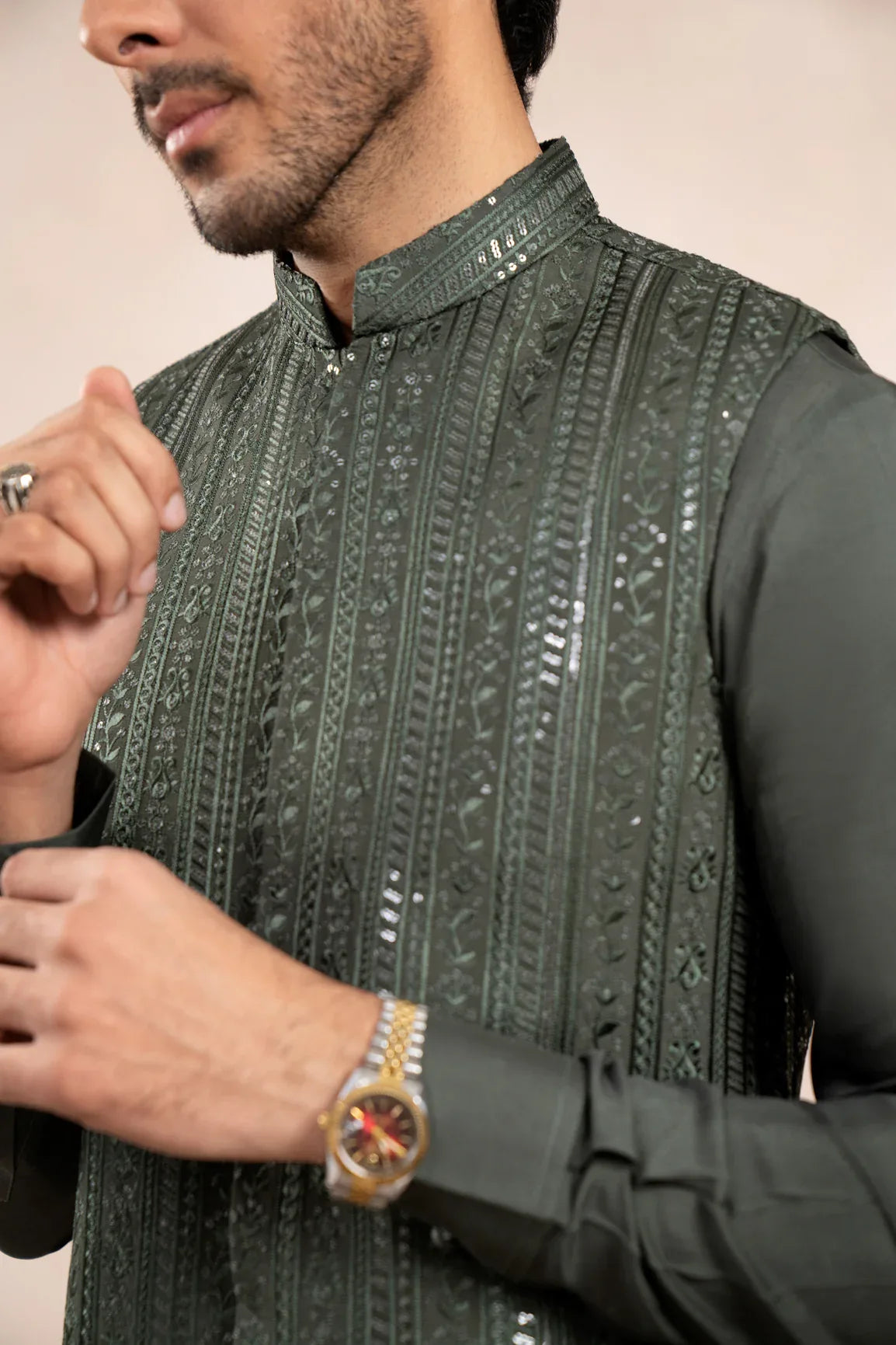 Olive Green Falling Embroidered Waistcoat - Men - Muraqsh -- Wedding Wear