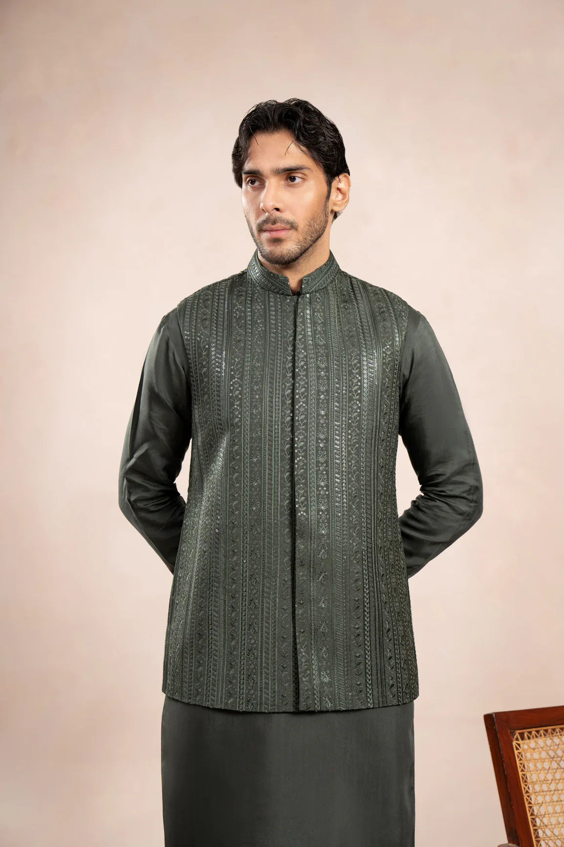 Olive Green Kurta Trouser with Falling Embroidered Waistcoat - 3PC - Men - Muraqsh -- Wedding Wear
