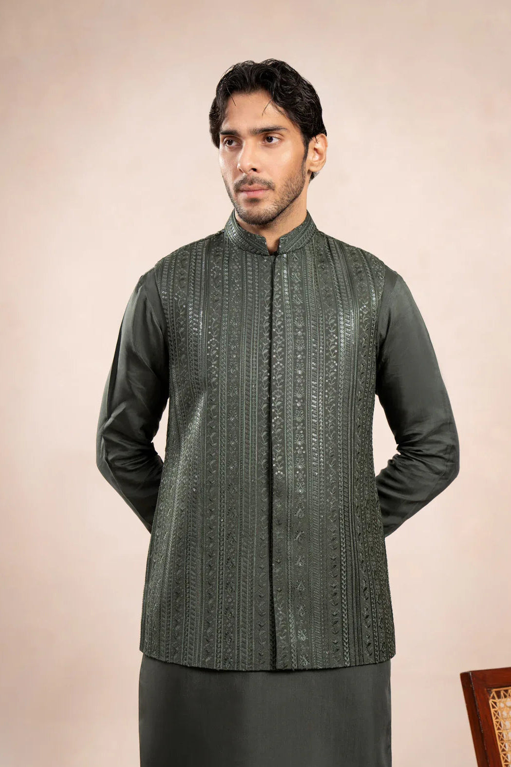 Olive Green Embroidered Waistcoat for Men Wedding Outfit