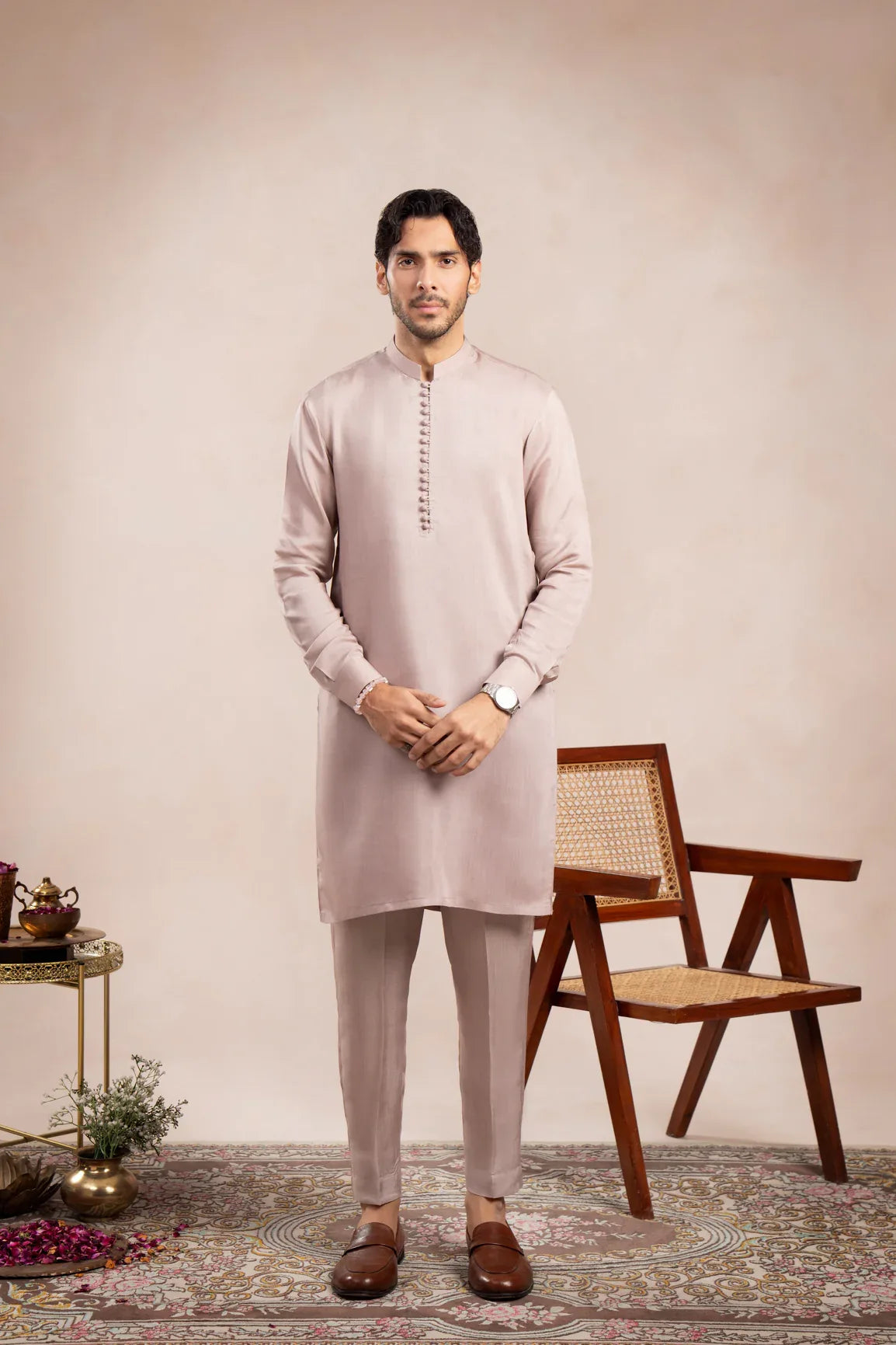 Pink Loop Kurta Trouser with Falling Embroidered Open Prince Coat - 3PC - Men - Muraqsh -- Wedding Wear