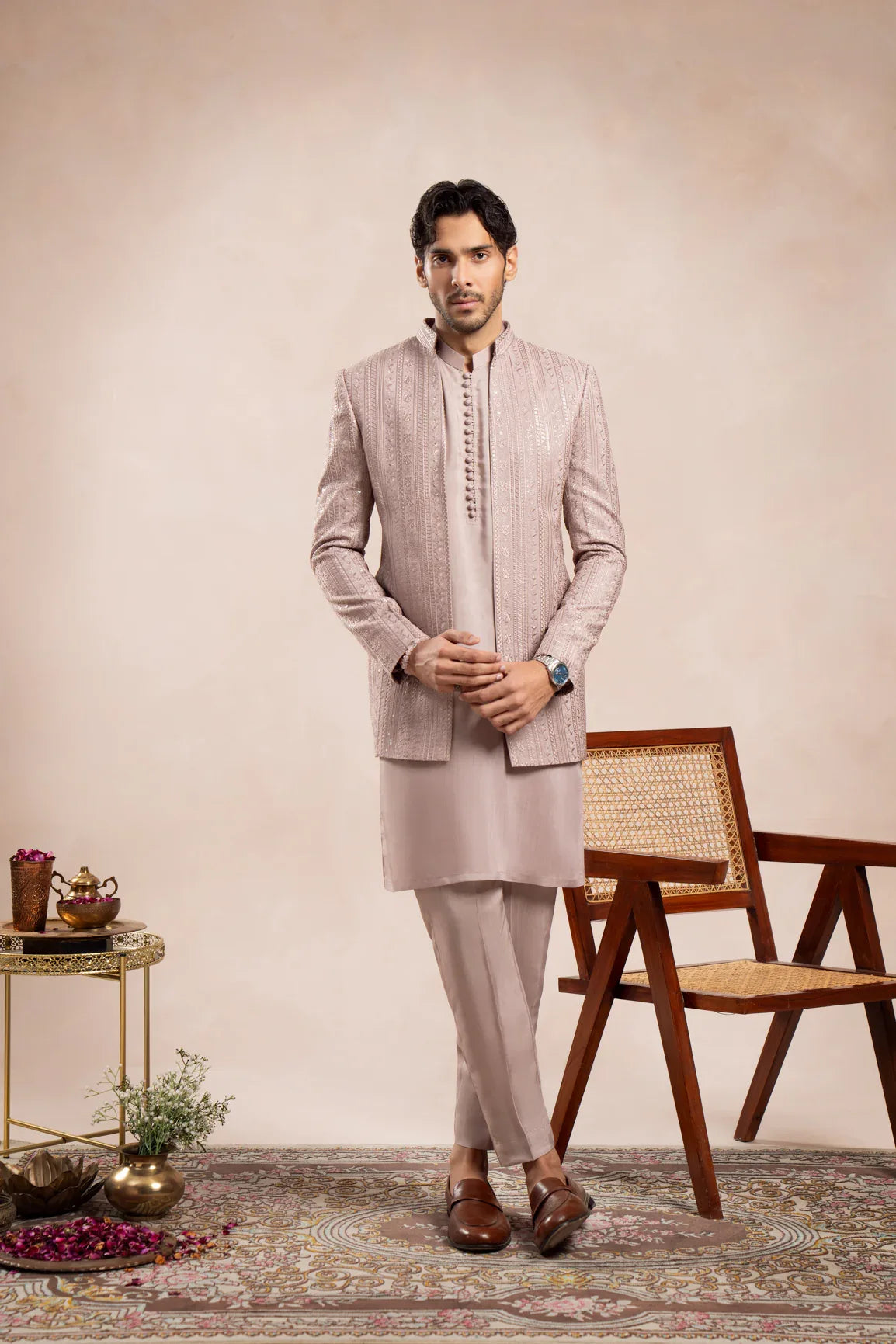 Pink Loop Kurta Trouser with Falling Embroidered Open Prince Coat - 3PC - Men - Muraqsh -- Wedding Wear