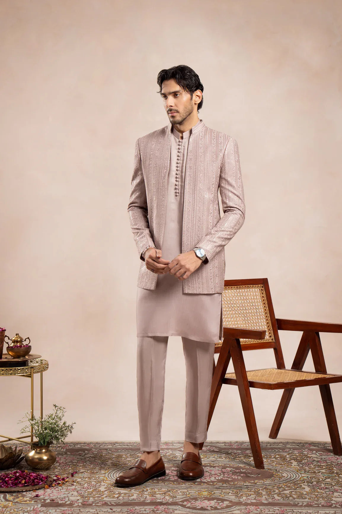 Pink Loop Kurta Trouser with Falling Embroidered Open Prince Coat - 3PC - Men - Muraqsh -- Wedding Wear