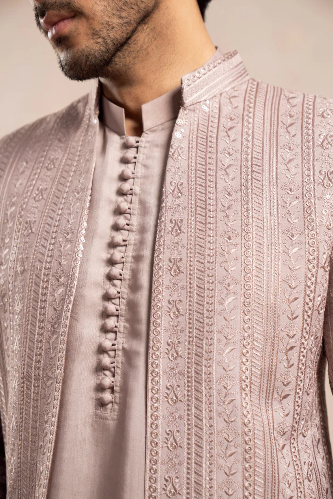 Pink Falling Embroidered Open Prince Coat - Men - Muraqsh -- Wedding Wear