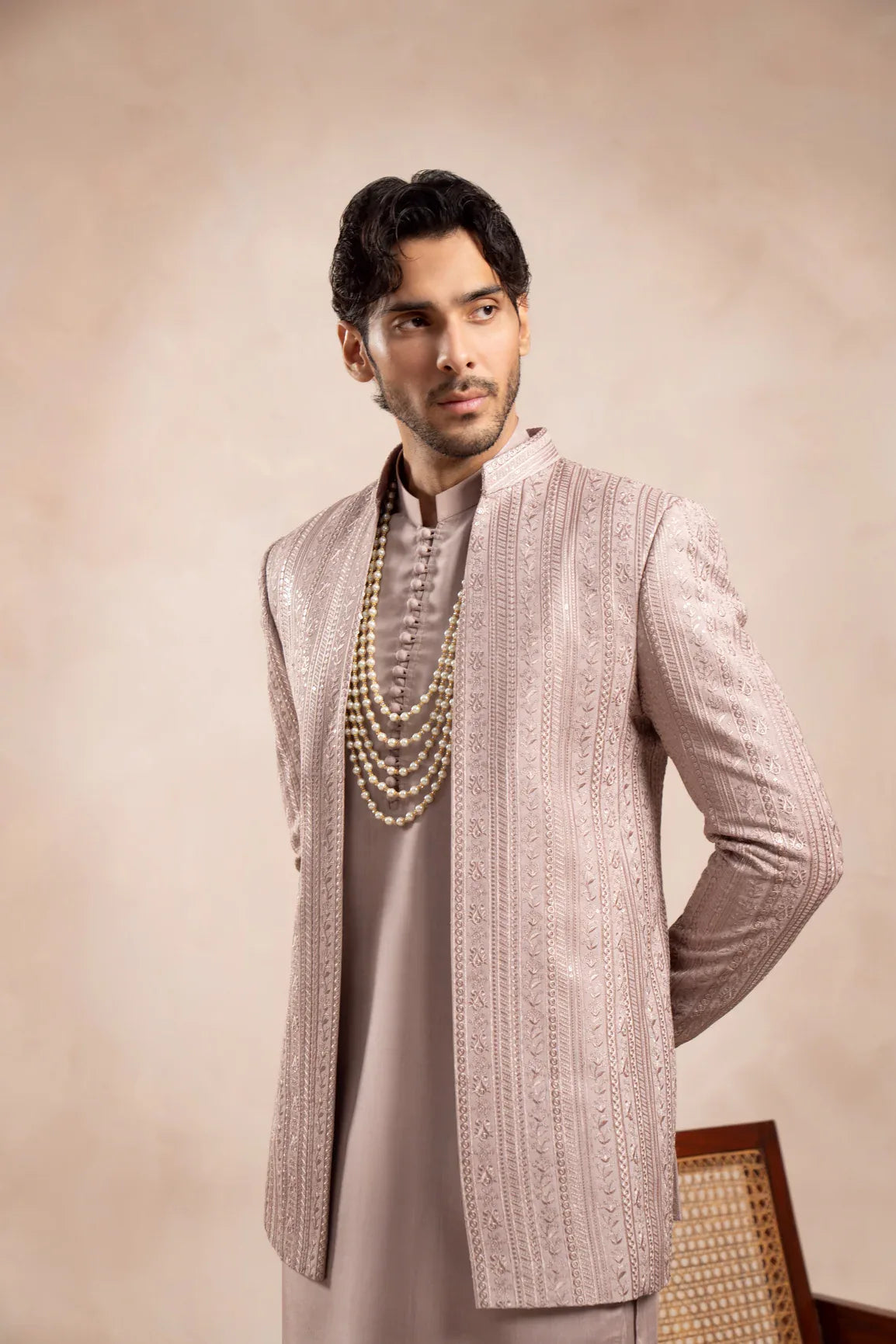 Pink Loop Kurta Trouser with Falling Embroidered Open Prince Coat - 3PC - Men - Muraqsh -- Wedding Wear