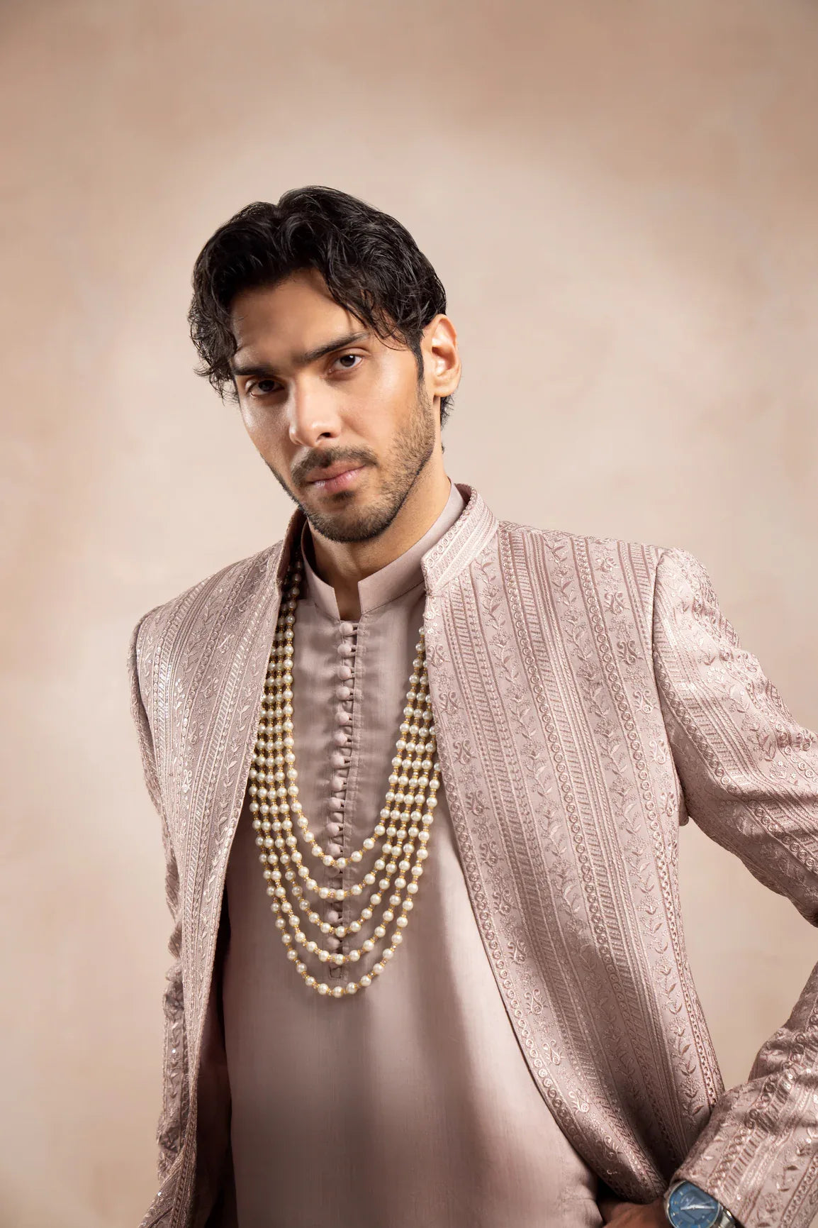 Pink Falling Embroidered Open Prince Coat - Men - Muraqsh -- Wedding Wear