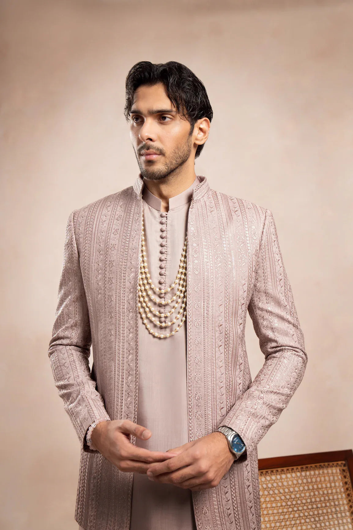 Pink Loop Kurta Trouser with Falling Embroidered Open Prince Coat - 3PC - Men - Muraqsh -- Wedding Wear