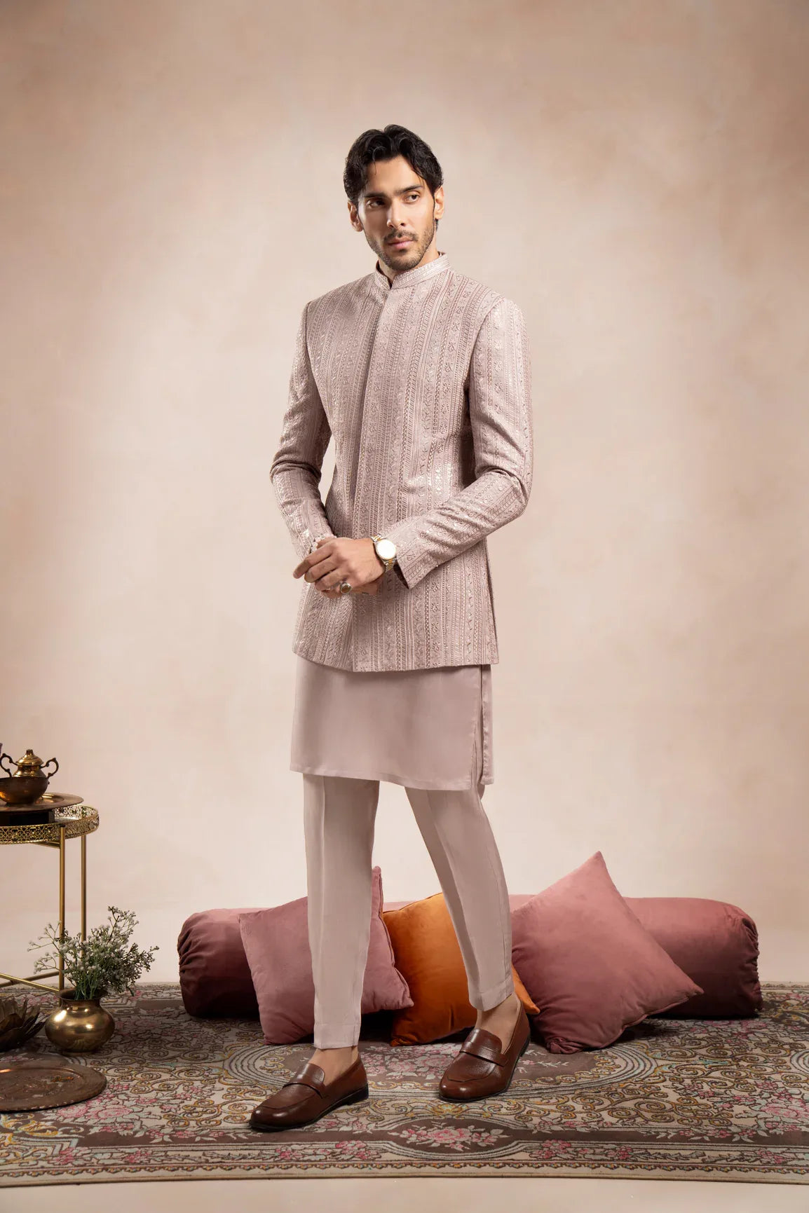 Pink Kurta Trouser with Falling Embroidered Prince Coat - 3PC - Men - Muraqsh -- Wedding Wear