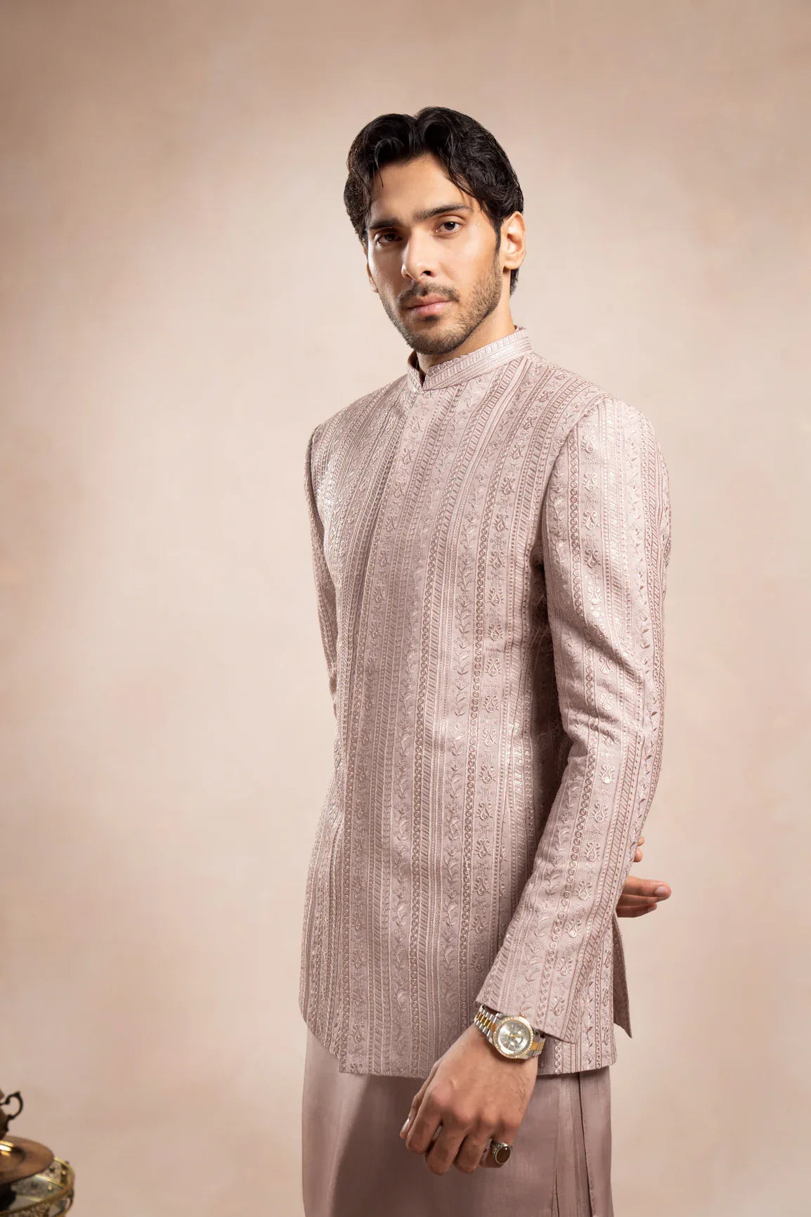 Pink Kurta Trouser with Falling Embroidered Prince Coat - 3PC - Men - Muraqsh -- Wedding Wear