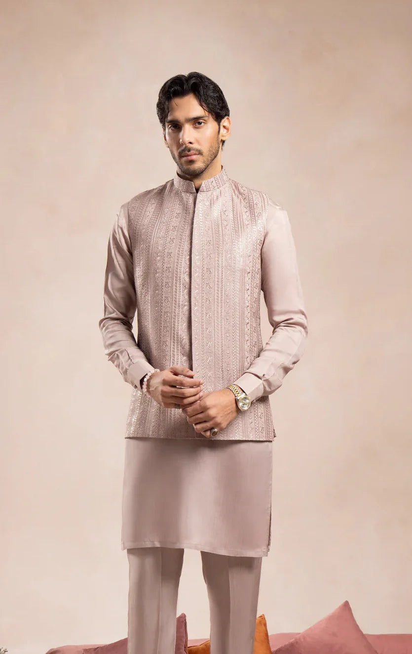 Pink Falling Embroidered Waistcoat - Men - Muraqsh -- Wedding Wear