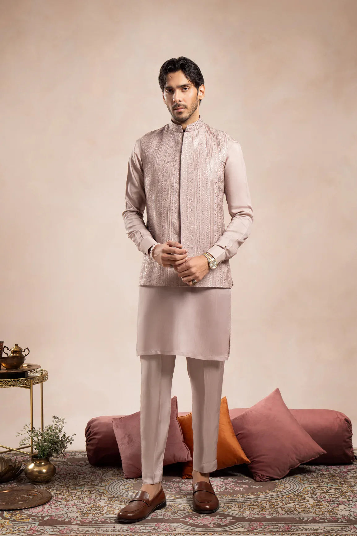Pink Kurta Trouser Falling Embroidered Waistcoat - 3PC - Men - Muraqsh -- Wedding Wear