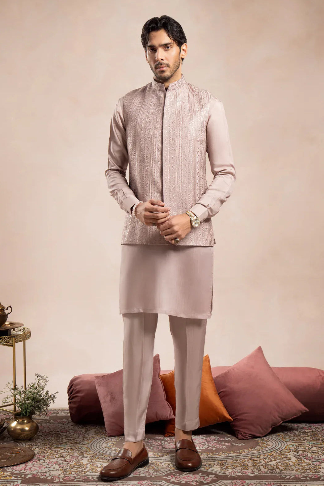 Muraqsh Ready To Wear Embroidered Cotton Men Pink Loop Kurta Trouser with Falling Open Prince Coat ABD-PLKTW - Summer Collection