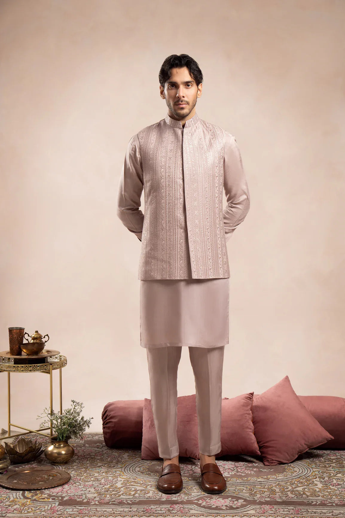 Pink Kurta Trouser Falling Embroidered Waistcoat - 3PC - Men - Muraqsh -- Wedding Wear