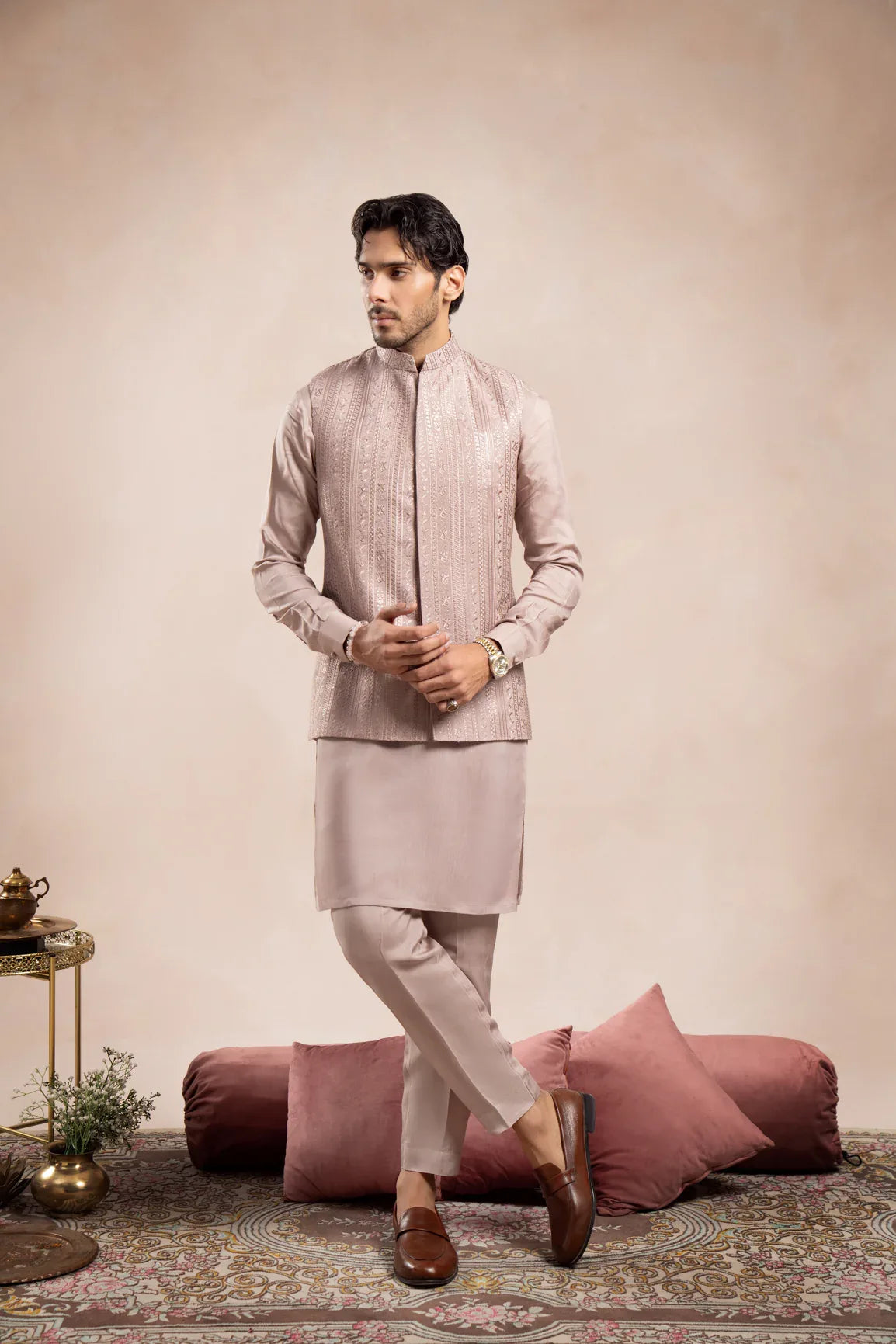 Pink Falling Embroidered Waistcoat - Men - Muraqsh -- Wedding Wear