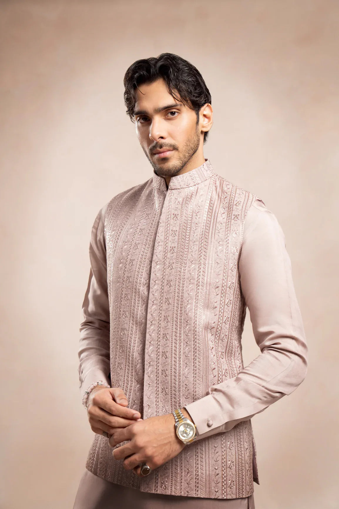 Pink Falling Embroidered Waistcoat - Men - Muraqsh -- Wedding Wear