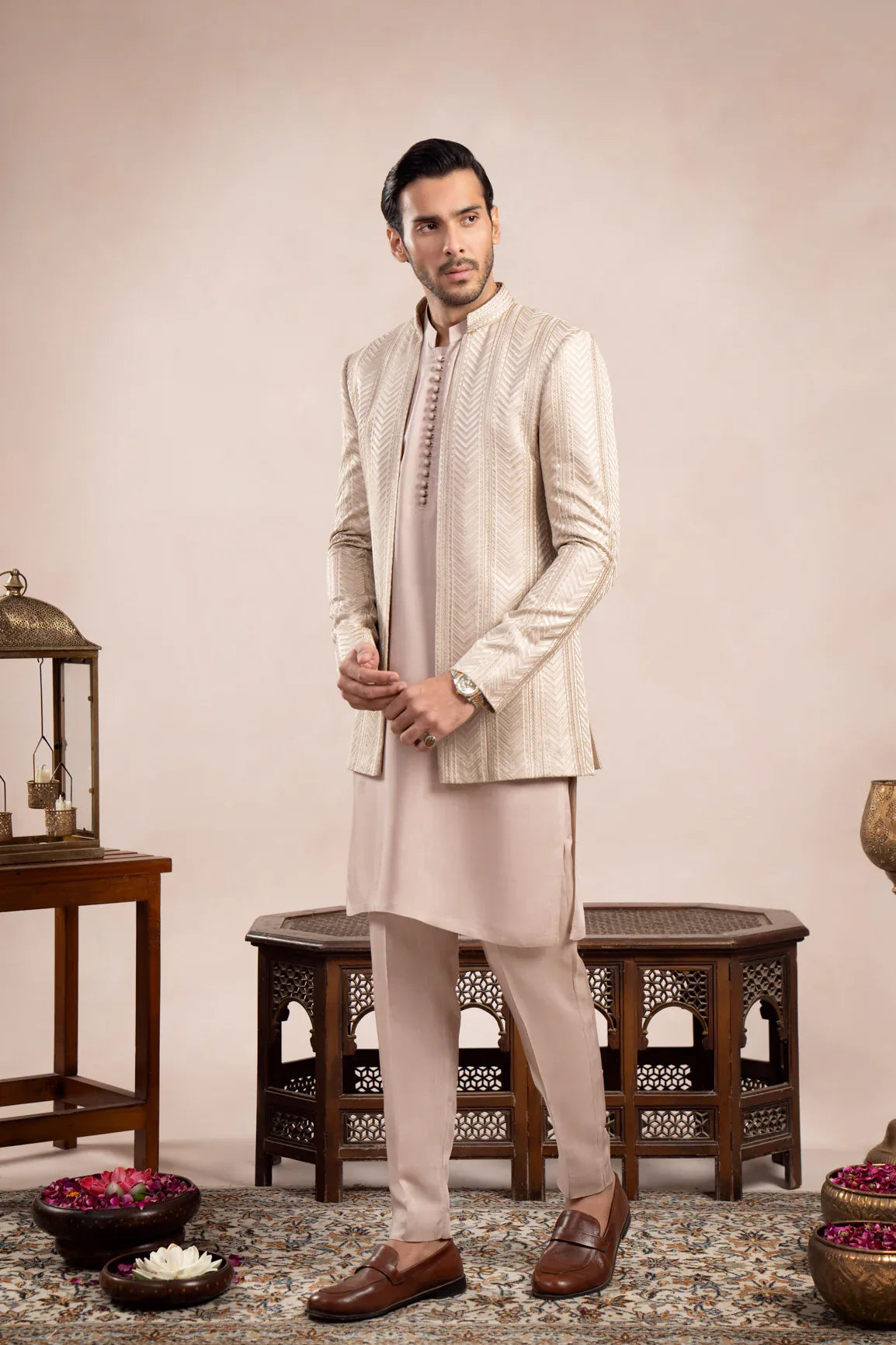 Coffee Beige Loop Kurta Trouser with Arrow Embroidered Open Prince Coat - 3PC - Men - Muraqsh -- Wedding Wear