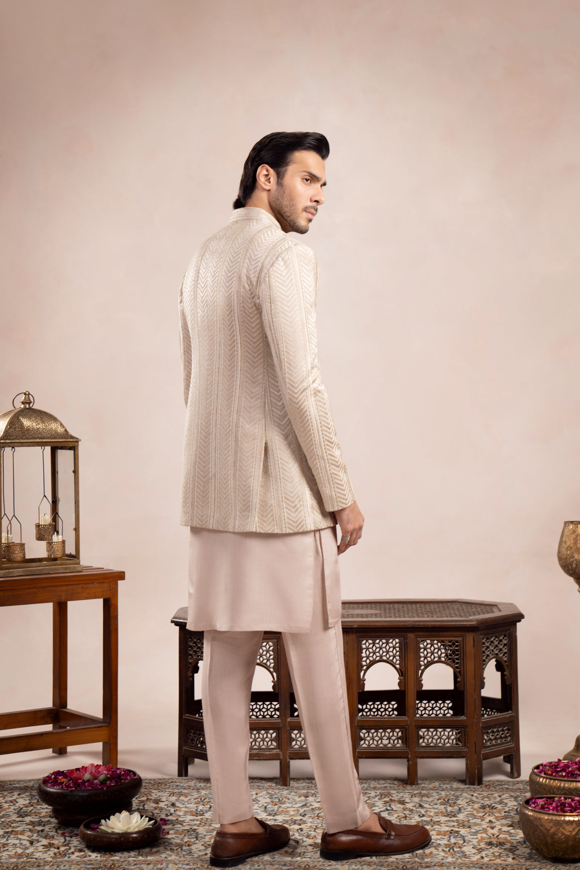 Coffee Beige Loop Kurta Trouser with Arrow Embroidered Open Prince Coat - 3PC - Men