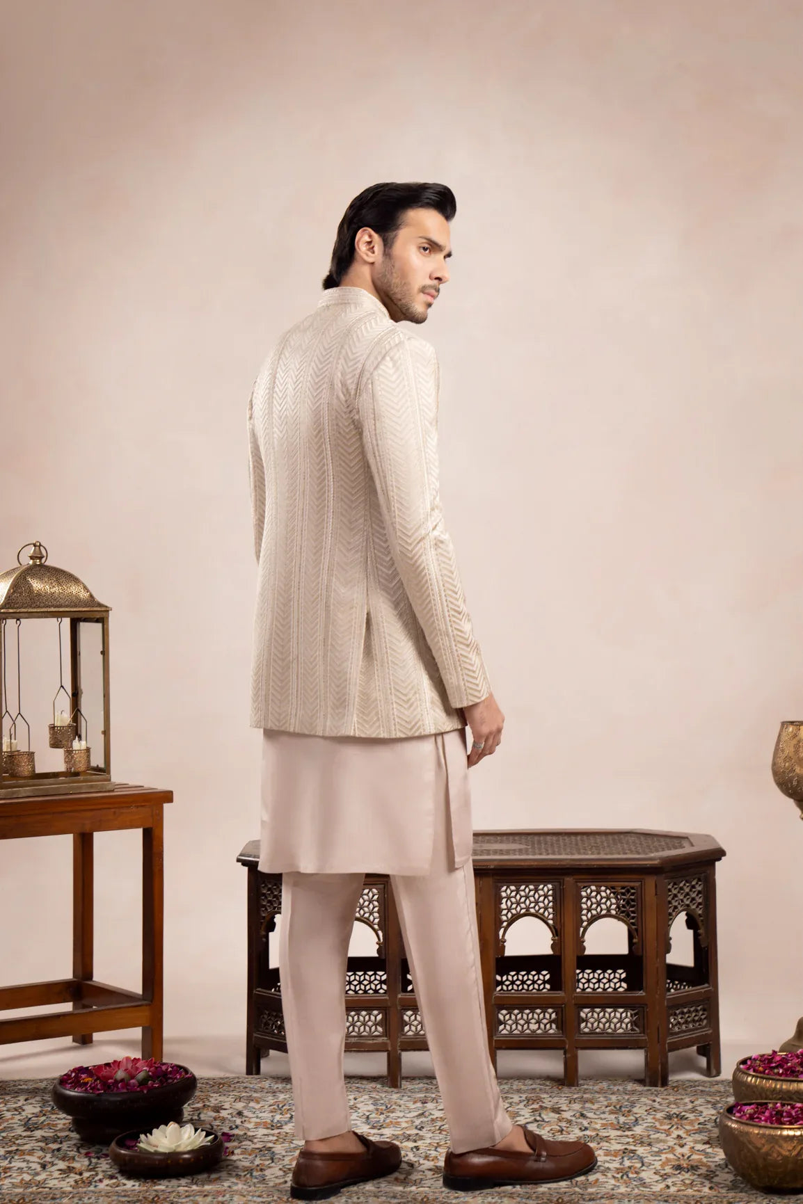 Coffee Beige Loop Kurta Trouser with Arrow Embroidered Open Prince Coat - 3PC - Men - Muraqsh -- Wedding Wear