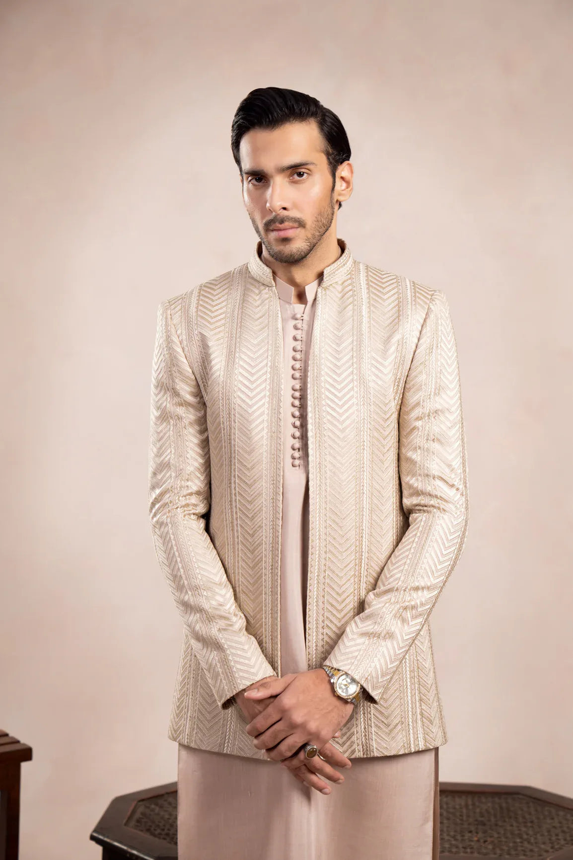 Coffee Beige Loop Kurta Trouser with Arrow Embroidered Open Prince Coat - 3PC - Men - Muraqsh -- Wedding Wear