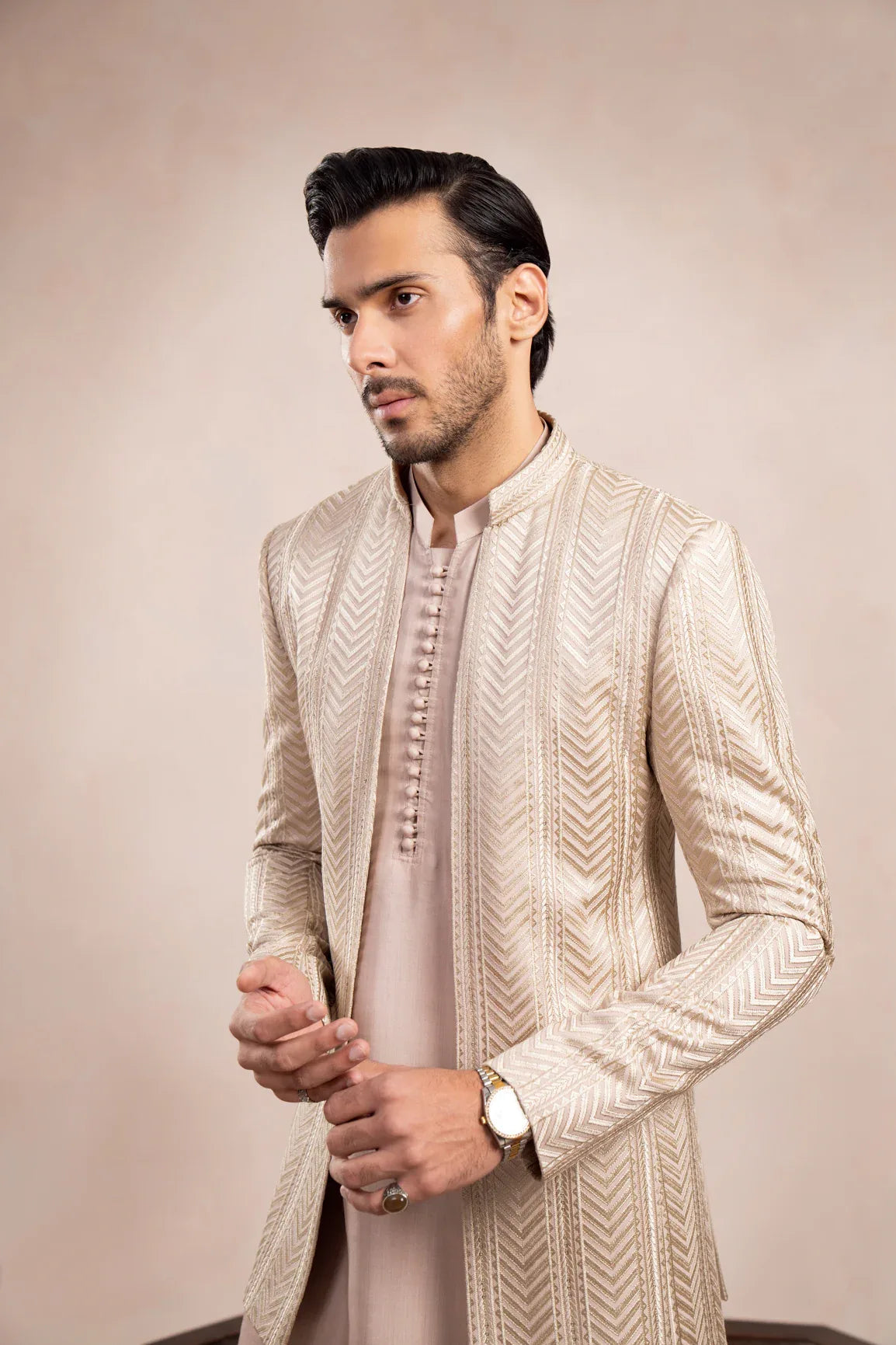 Coffee Beige Loop Kurta Trouser with Arrow Embroidered Open Prince Coat - 3PC - Men - Muraqsh -- Wedding Wear