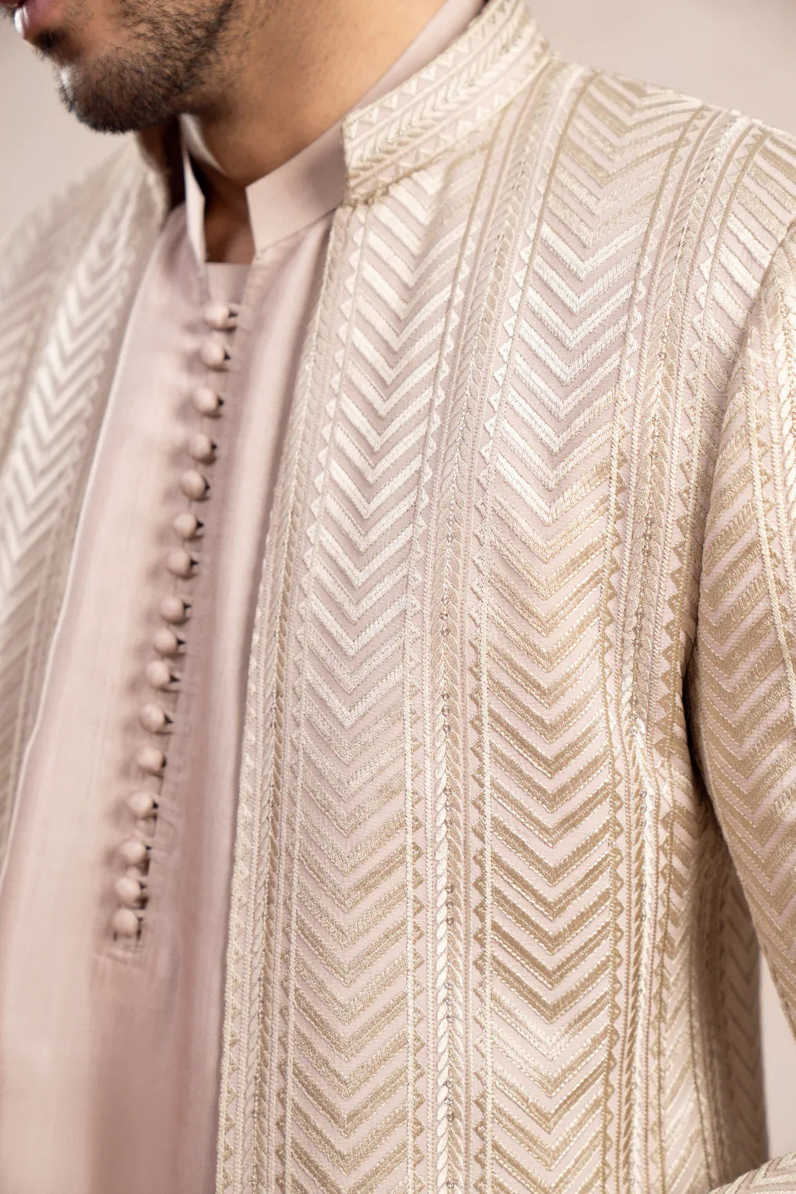 Coffee Beige Loop Kurta Trouser with Arrow Embroidered Open Prince Coat - 3PC - Men - Muraqsh -- Wedding Wear