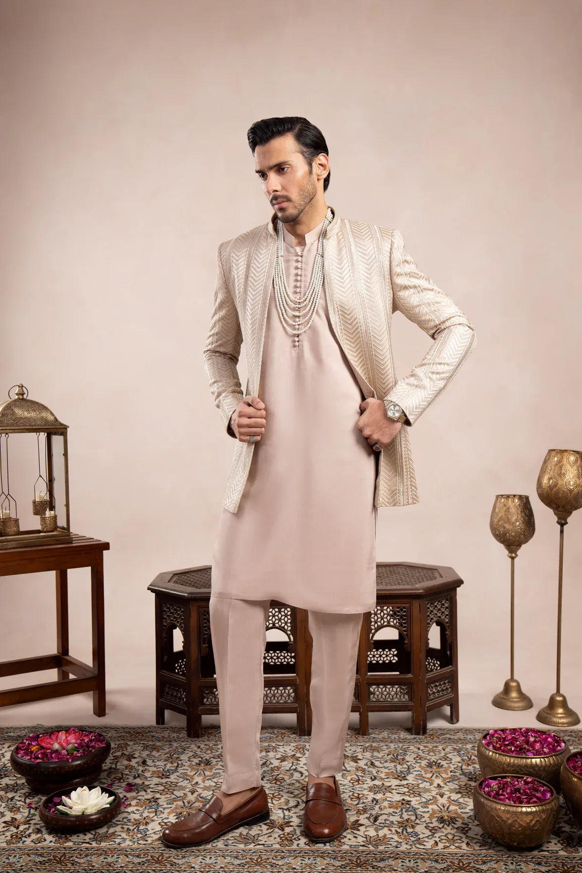 Coffee Beige Arrow Embroidered Open Prince Coat - Men - Muraqsh -- Wedding Wear