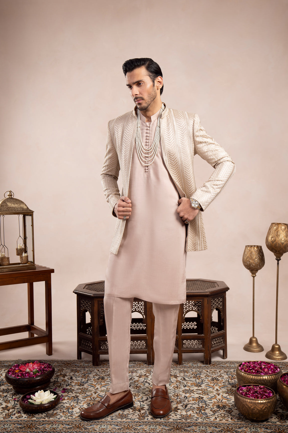 Coffee Beige Loop Kurta Trouser with Arrow Embroidered Open Prince Coat - 3PC - Men