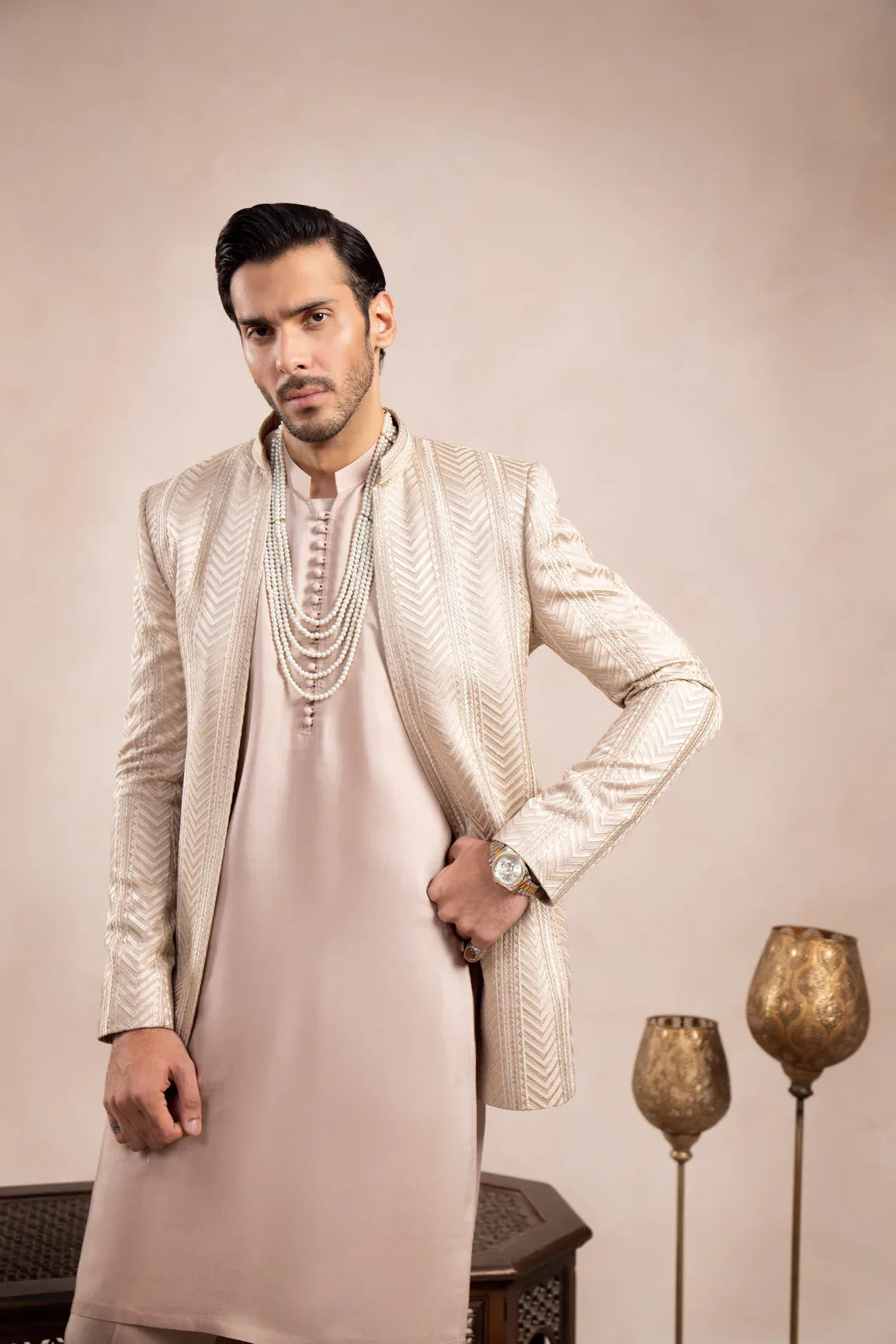 Coffee Beige Loop Kurta Trouser with Arrow Embroidered Open Prince Coat - 3PC - Men - Muraqsh -- Wedding Wear