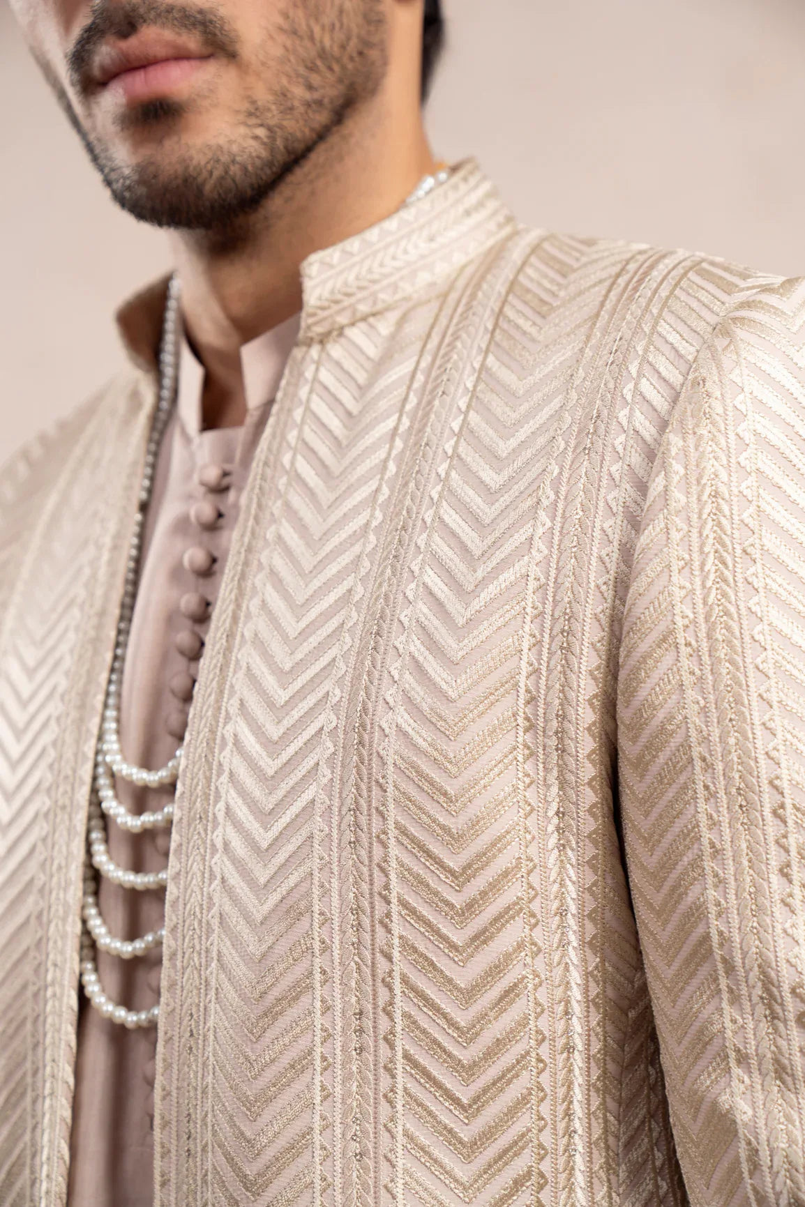 Coffee Beige Loop Kurta Trouser with Arrow Embroidered Open Prince Coat - 3PC - Men - Muraqsh -- Wedding Wear