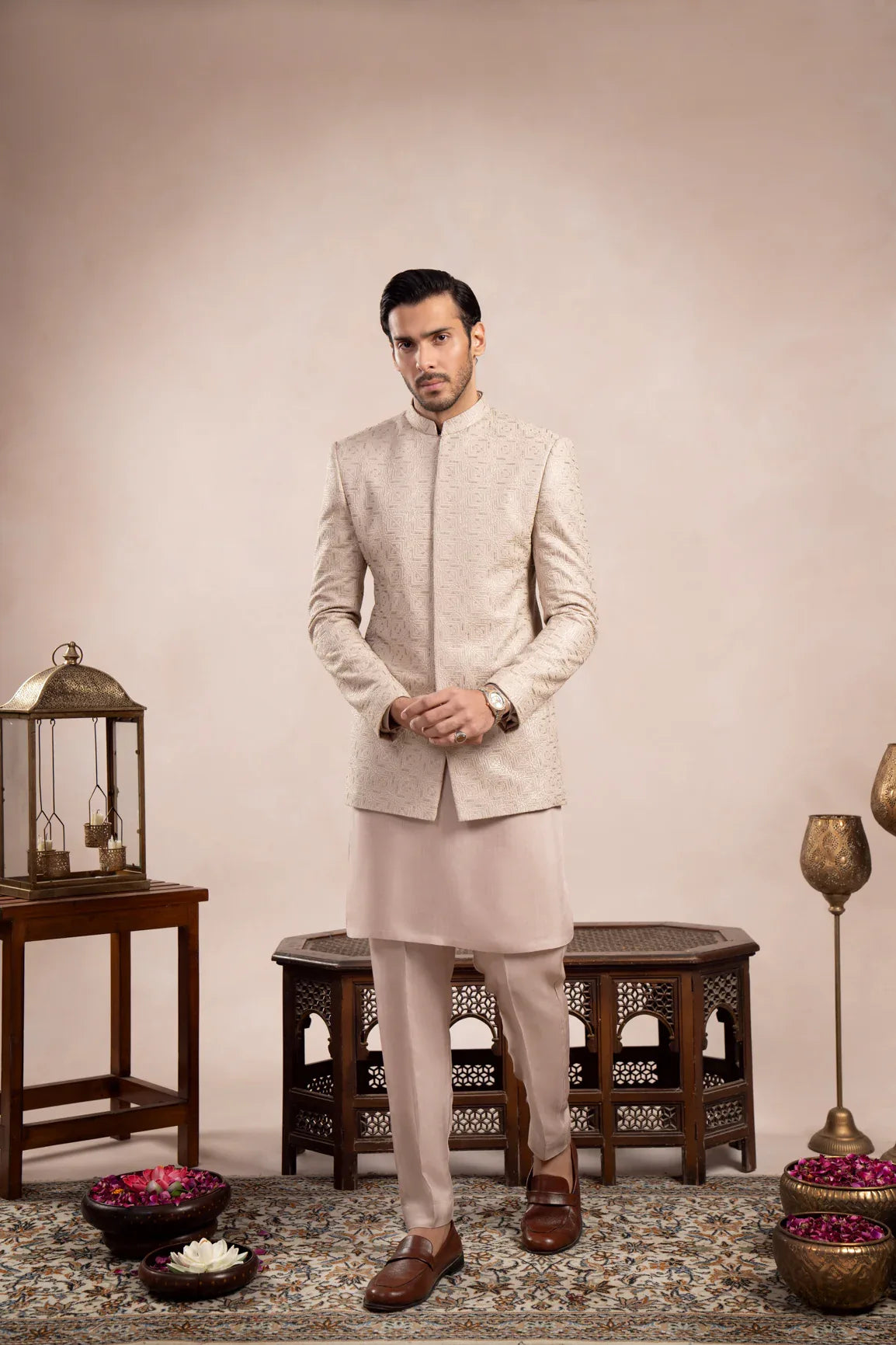 Coffee Beige Kurta Trouser with Square Embroidered Prince Coat - 3PC - Men - Muraqsh -- Wedding Wear