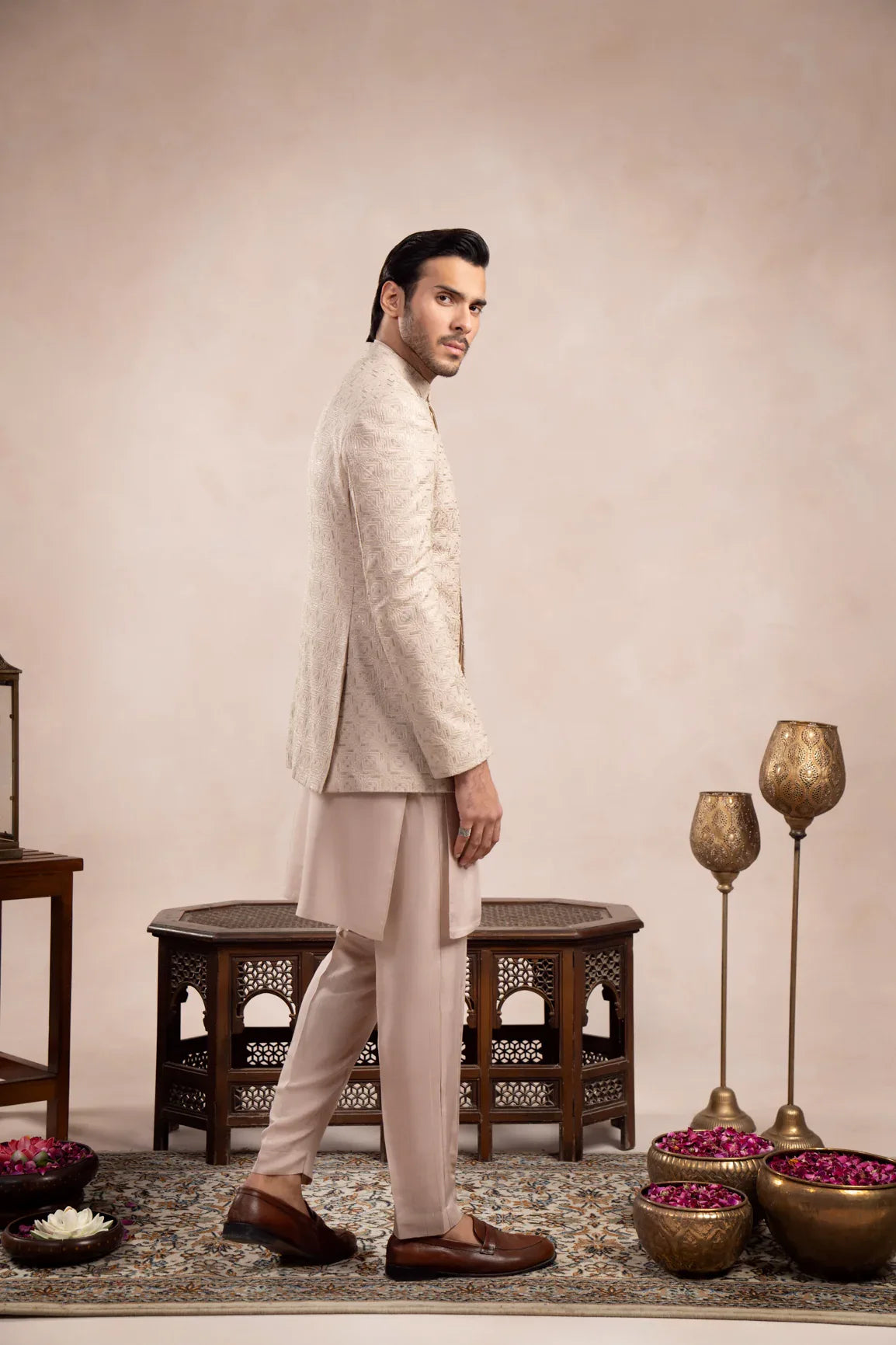 Coffee Beige Kurta Trouser with Square Embroidered Prince Coat - 3PC - Men - Muraqsh -- Wedding Wear