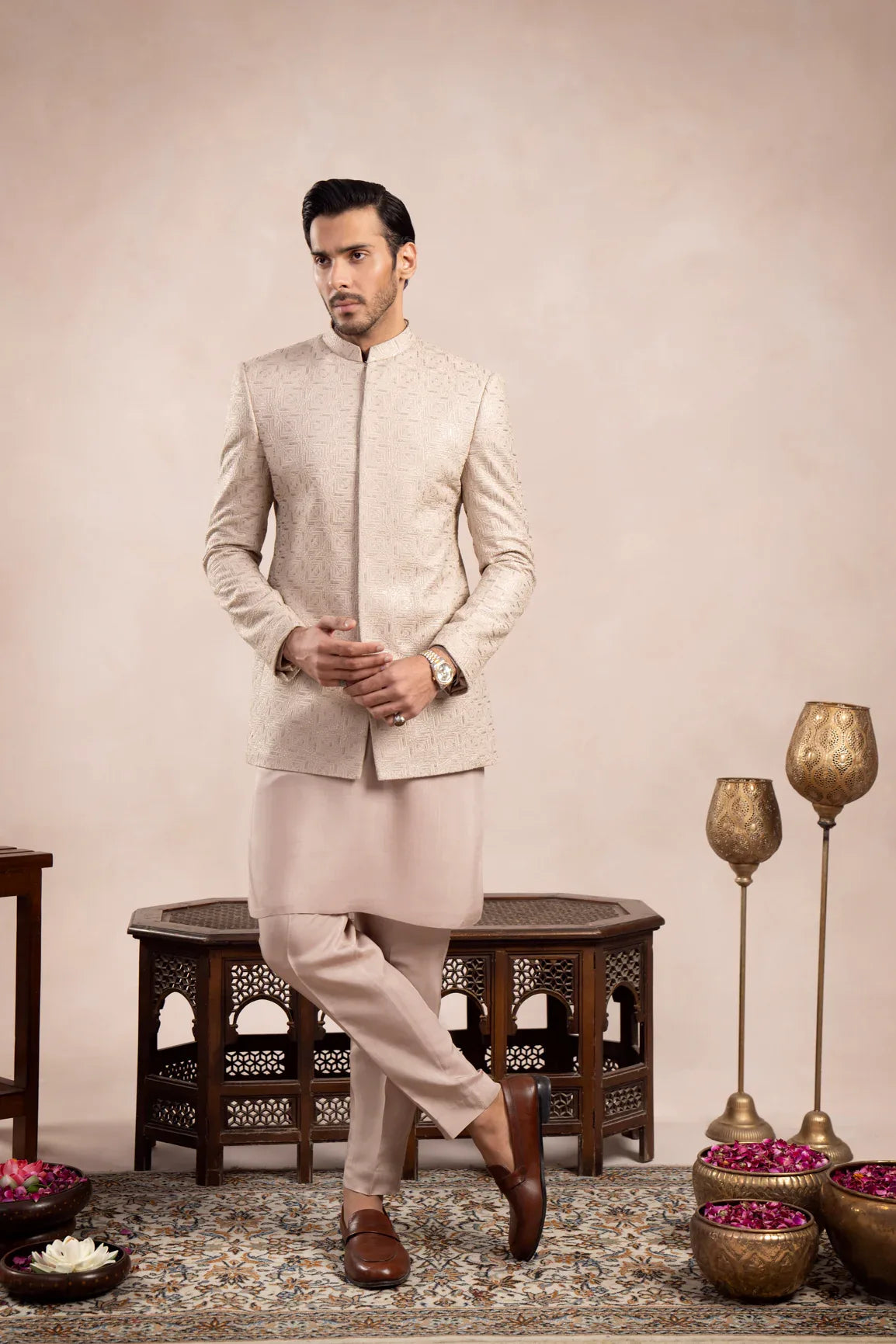 Coffee Beige Square Embroidered Prince Coat - Men - Muraqsh -- Wedding Wear
