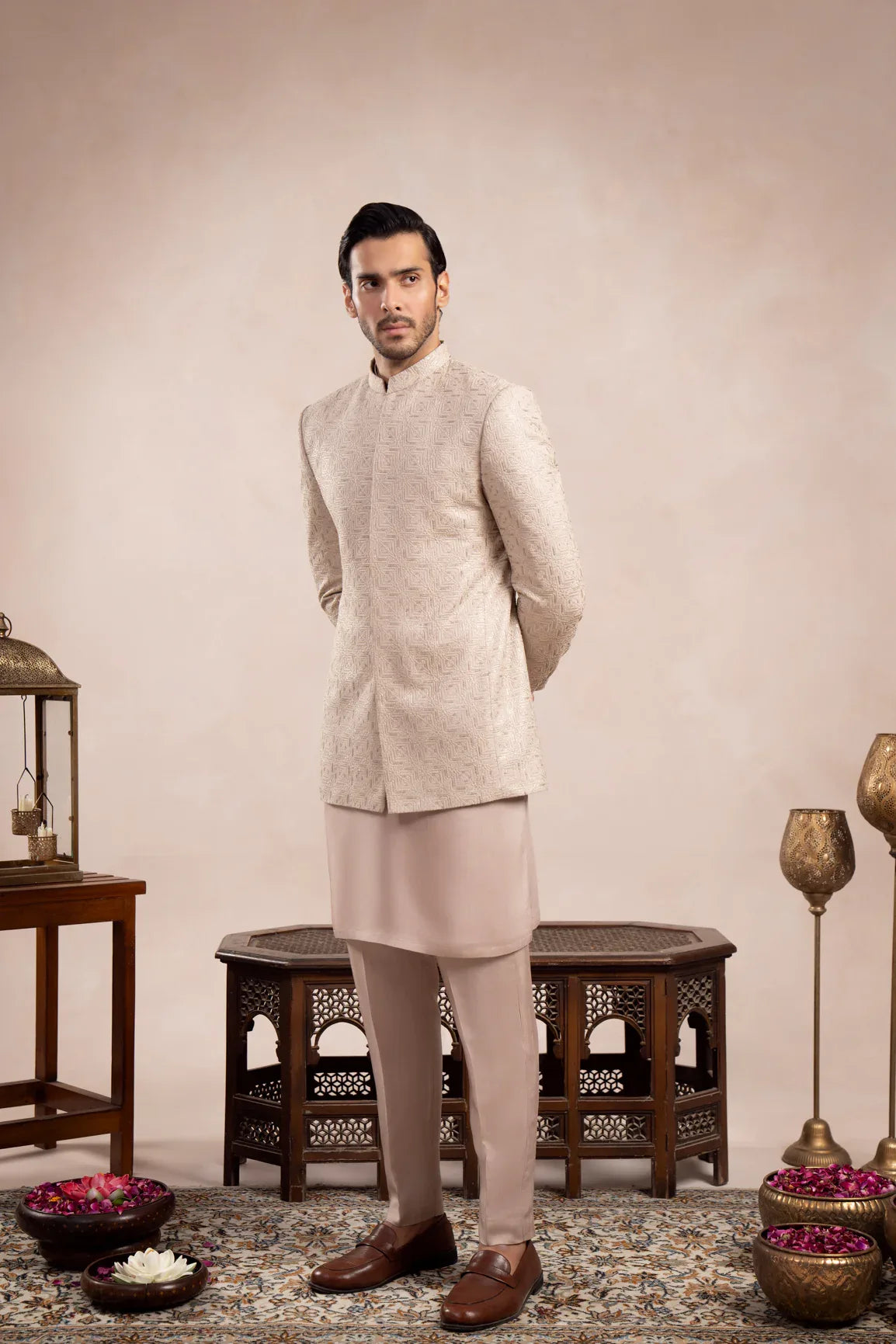 Coffee Beige Kurta Trouser with Square Embroidered Prince Coat - 3PC - Men - Muraqsh -- Wedding Wear