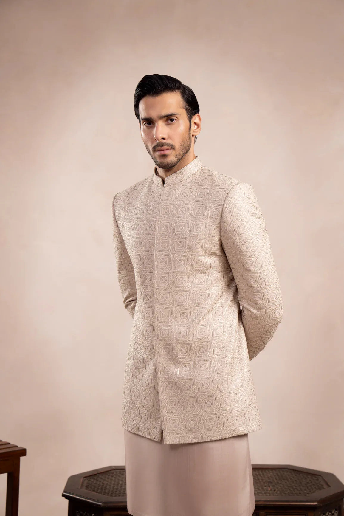 Coffee Beige Kurta Trouser with Square Embroidered Prince Coat - 3PC - Men - Muraqsh -- Wedding Wear