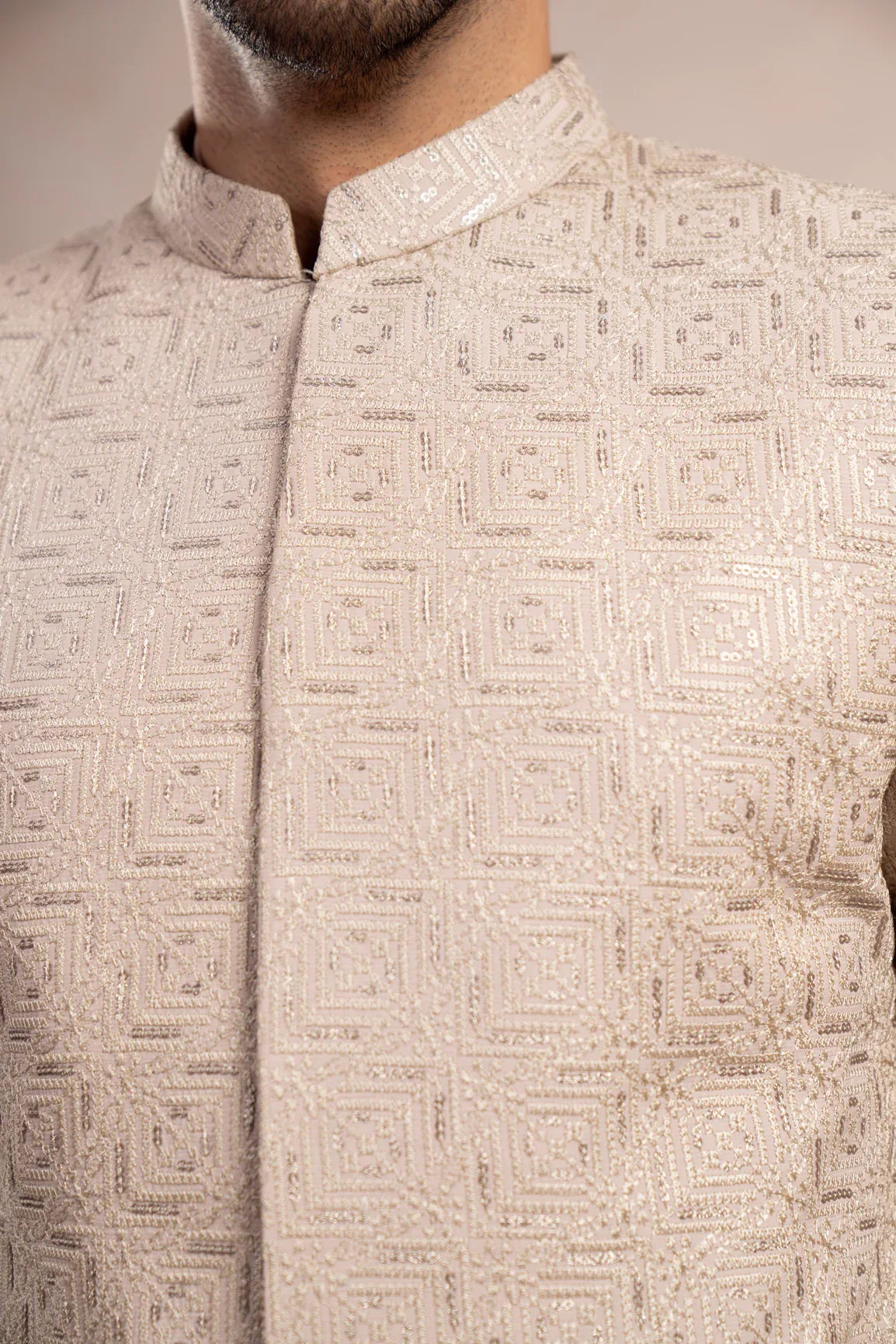 Coffee Beige Square Embroidered Prince Coat - Men - Muraqsh -- Wedding Wear