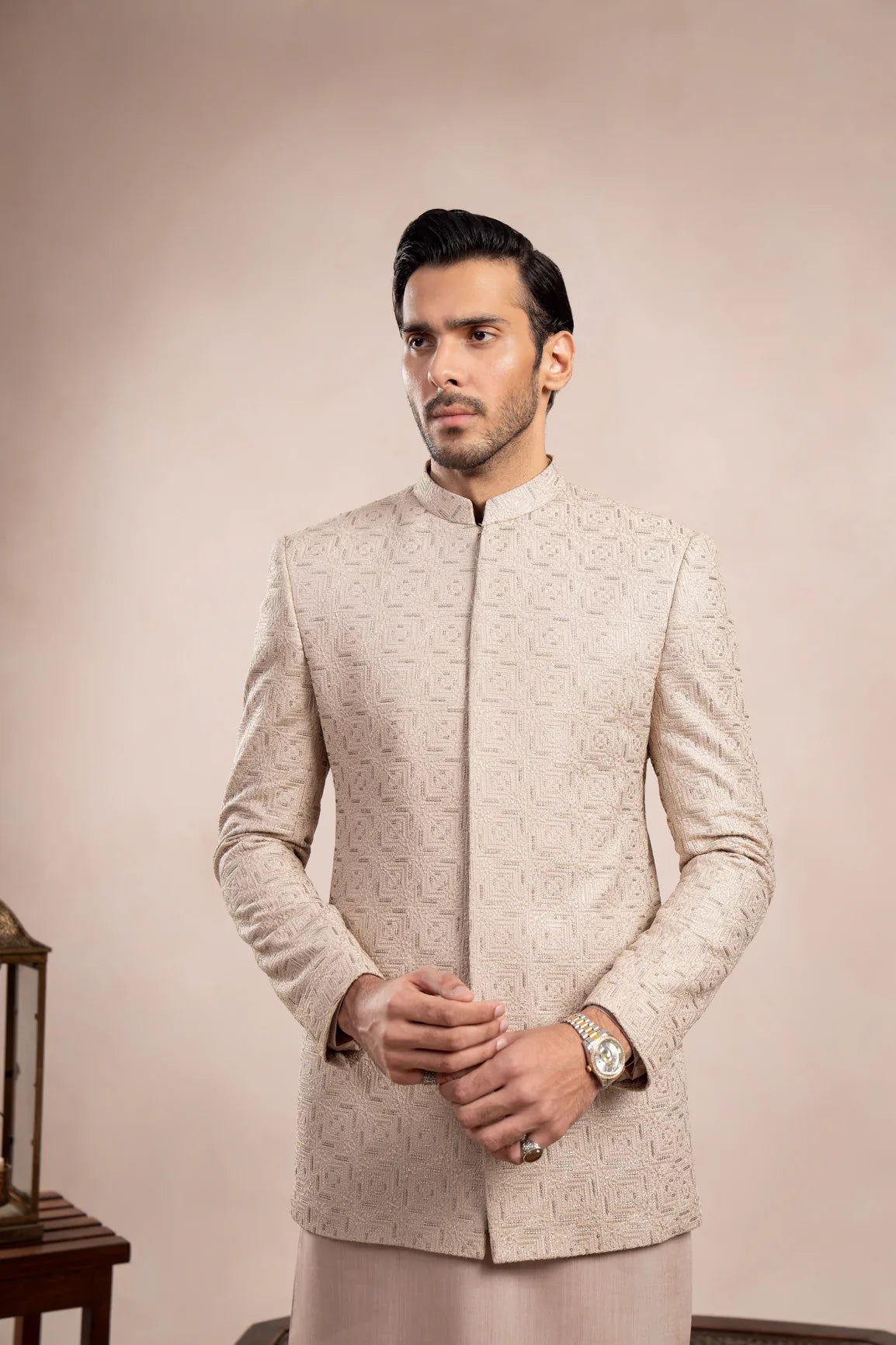 Coffee Beige Kurta Trouser with Square Embroidered Prince Coat - 3PC - Men - Muraqsh -- Wedding Wear